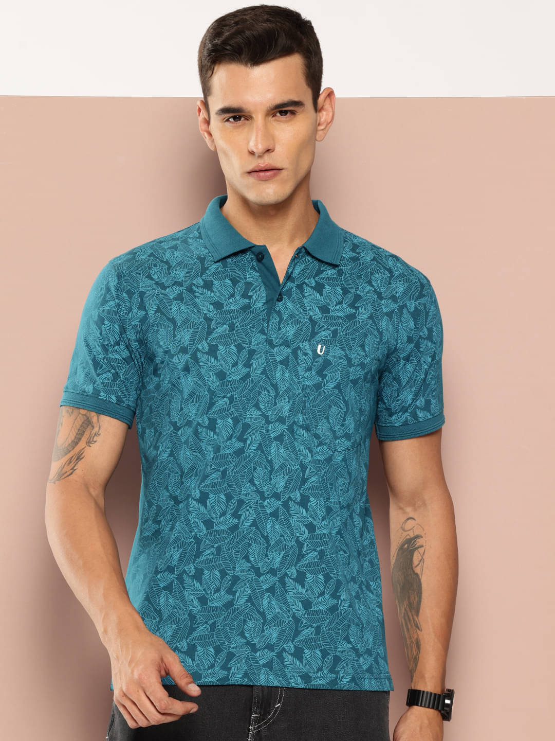 UNIBERRY Men Cotton Blend Regular Fit Printed Polo T Shirt ( Teal Blue ) UNIBERRY Men Cotton Blend Regular Fit Printed Polo T Shirt ( Teal Blue )