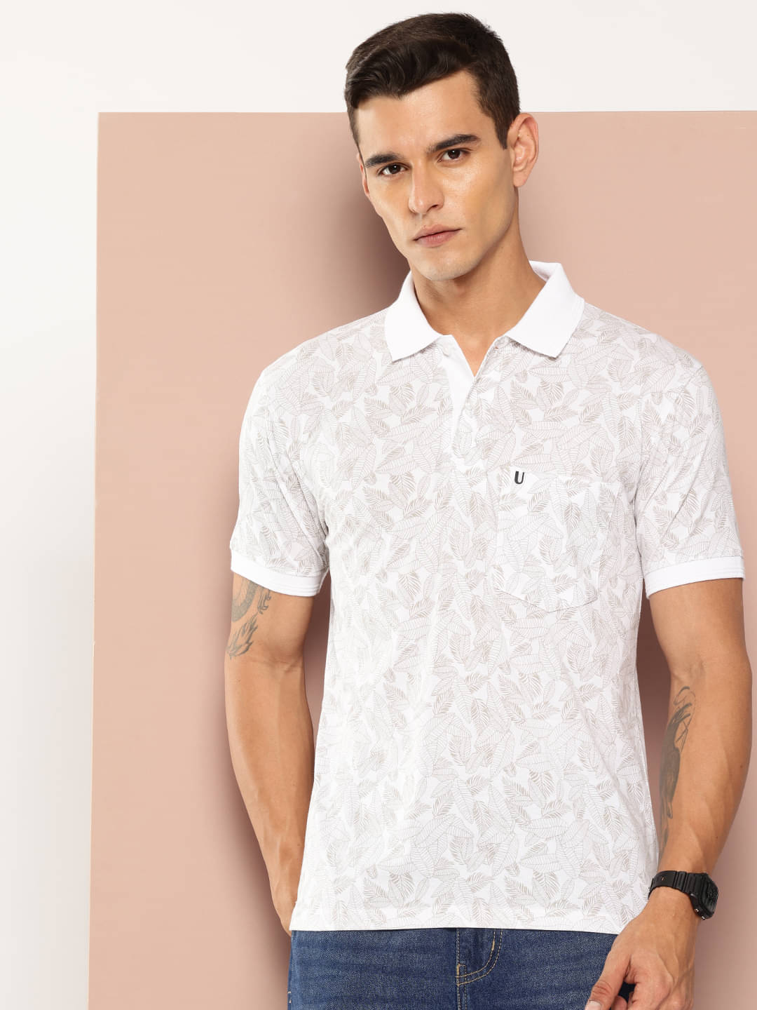     			UNIBERRY Men Cotton Blend Regular Fit Printed Polo T Shirt ( White )