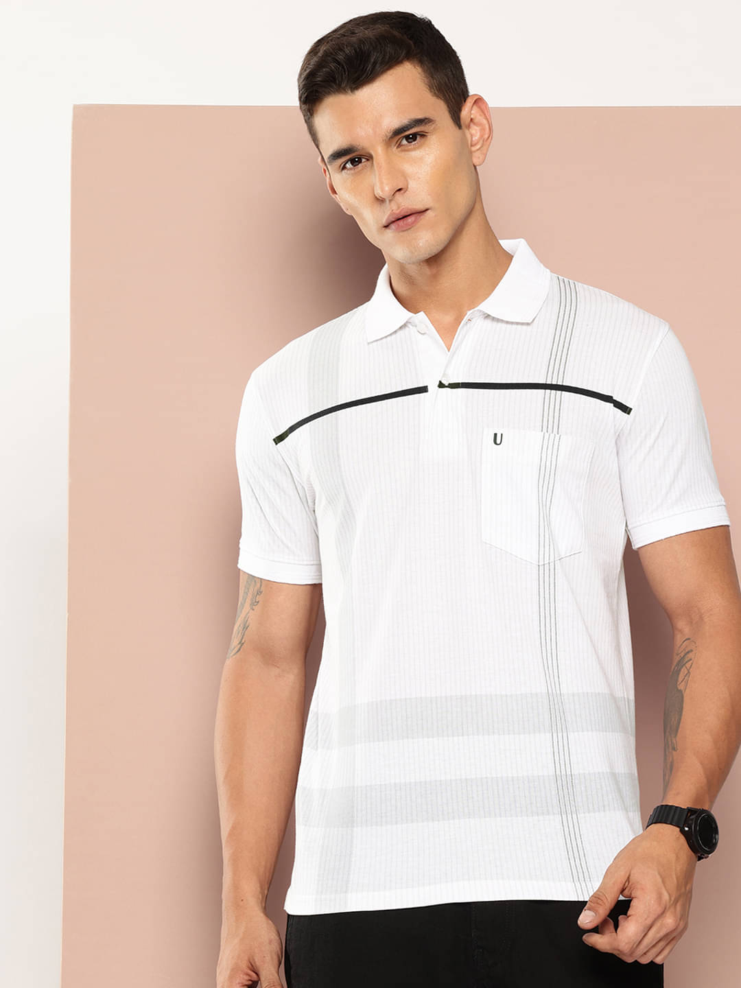     			UNIBERRY Men Cotton Blend Regular Fit Striped Polo T Shirt ( White )