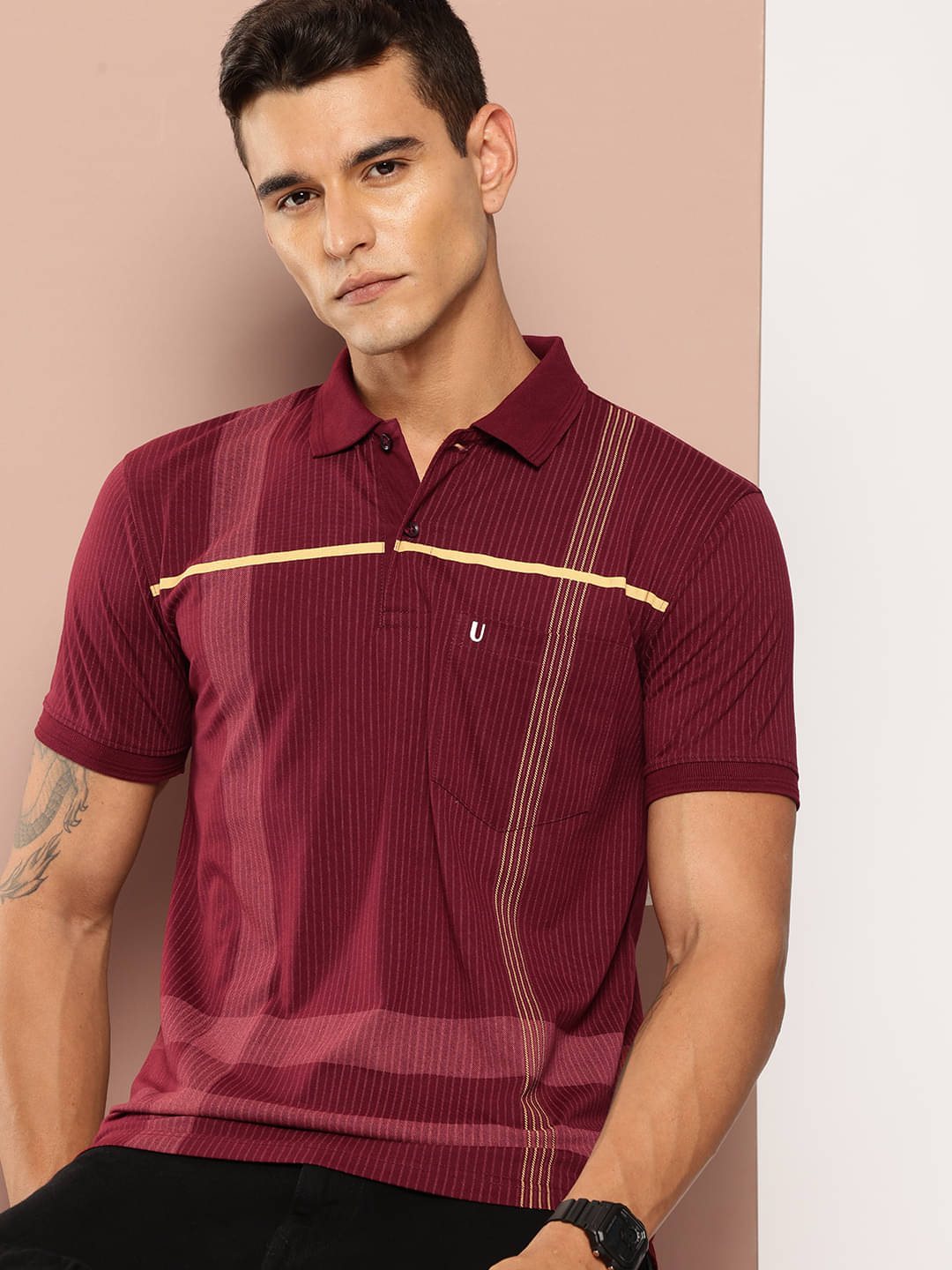     			UNIBERRY Men Cotton Blend Regular Fit Striped Polo T Shirt ( Maroon )