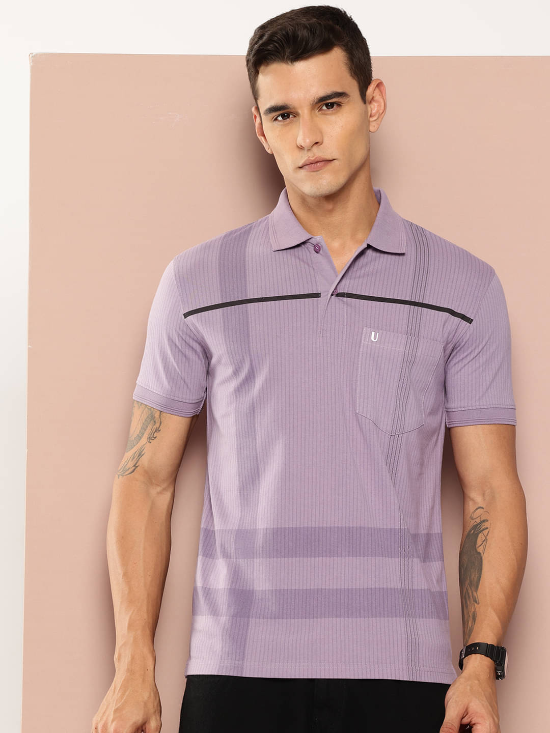 UNIBERRY Men Cotton Blend Regular Fit Striped Polo T Shirt ( Lavender ) UNIBERRY Men Cotton Blend Regular Fit Striped Polo T Shirt ( Lavender )