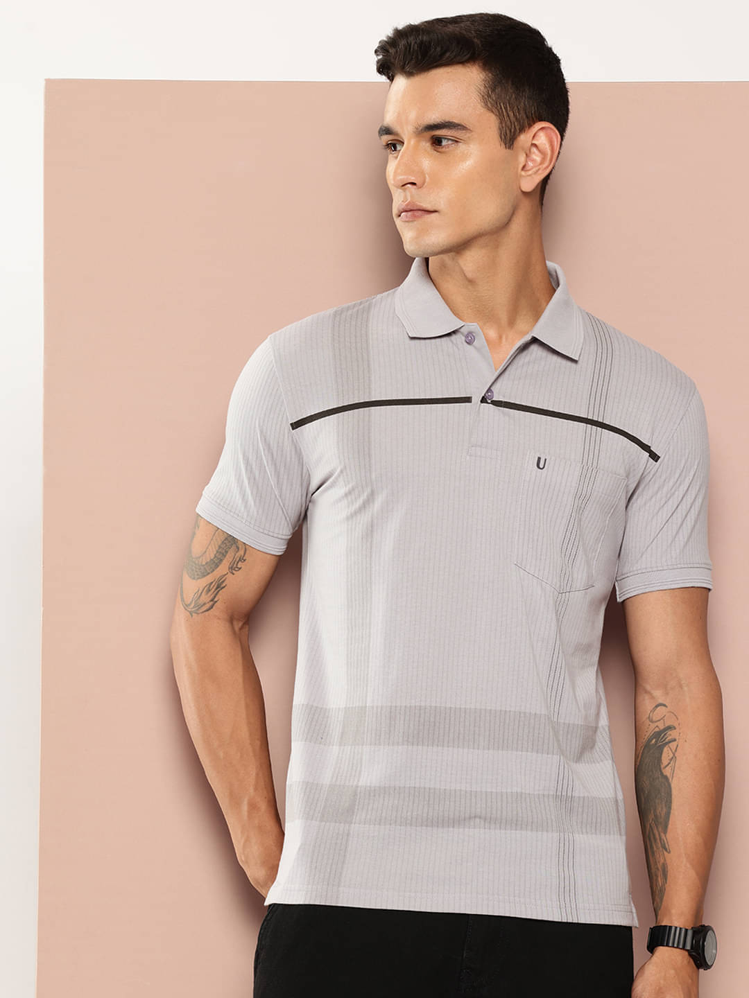 UNIBERRY Men Cotton Blend Regular Fit Striped Polo T Shirt ( Grey ) UNIBERRY Men Cotton Blend Regular Fit Striped Polo T Shirt ( Grey )