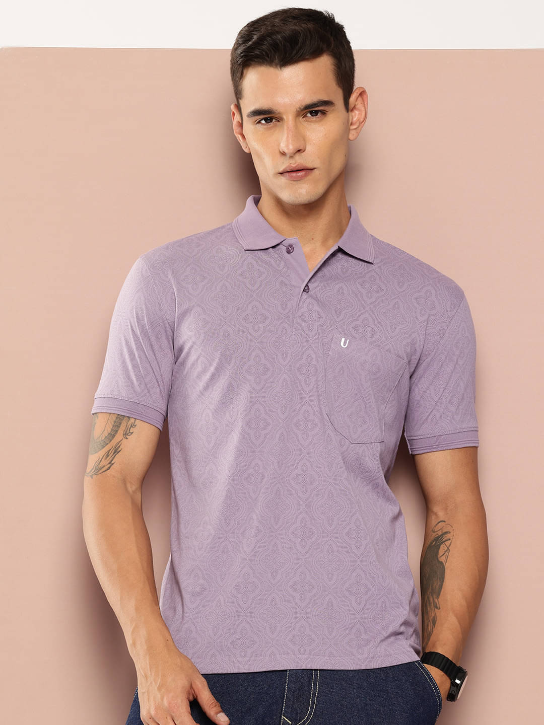     			UNIBERRY Men Cotton Blend Regular Fit Printed Polo T Shirt ( Lavender )