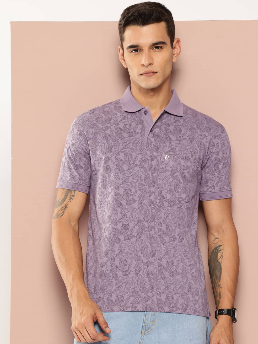 UNIBERRY Men Cotton Blend Regular Fit Printed Polo T Shirt ( Lavender )