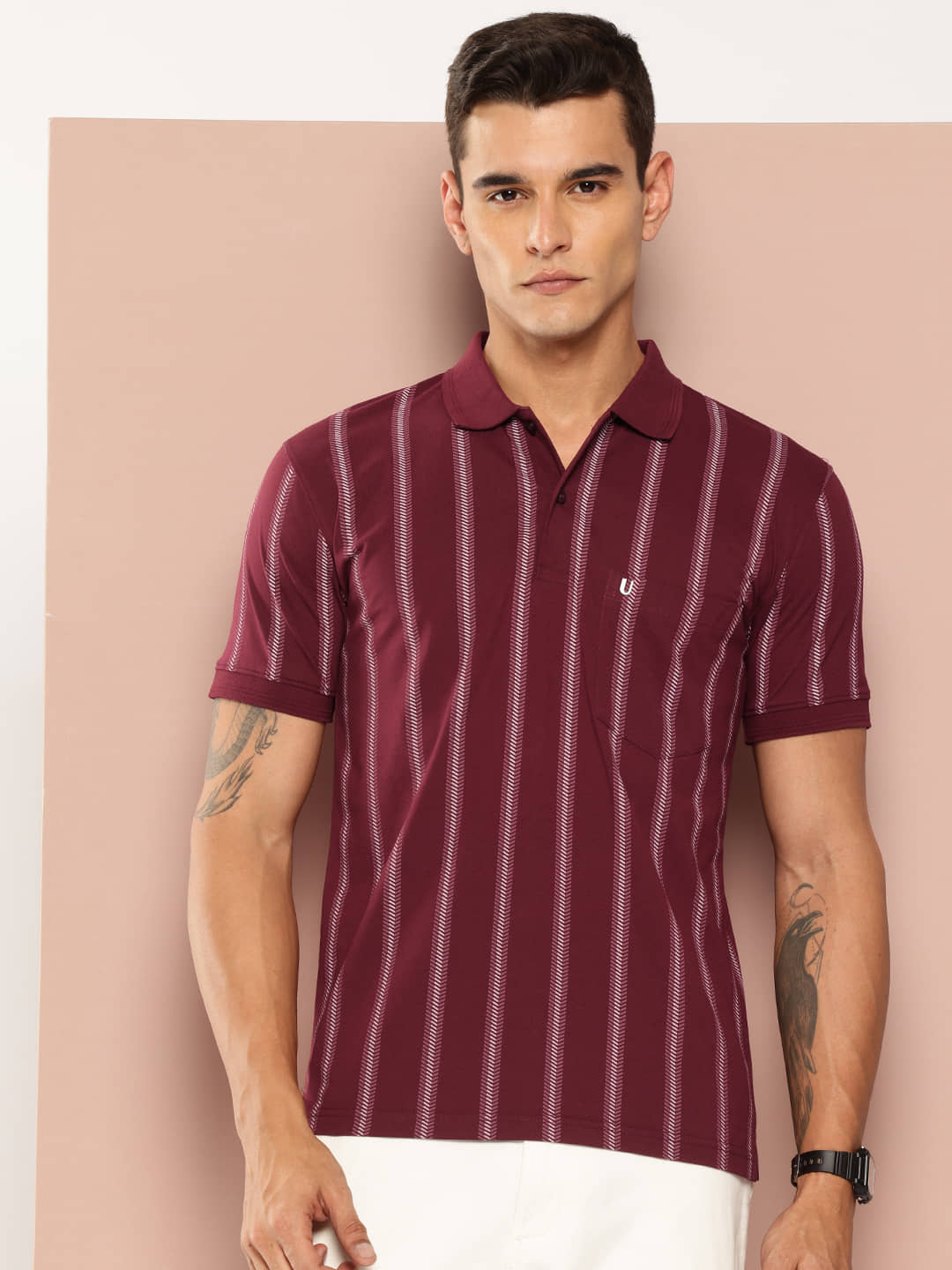 UNIBERRY Men Cotton Blend Regular Fit Striped Polo T Shirt ( Maroon )