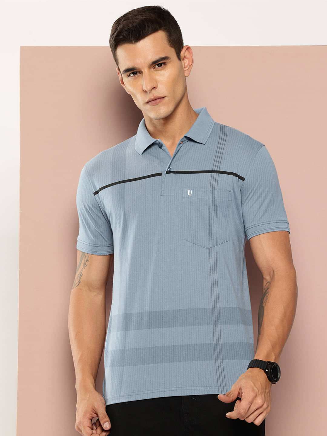 UNIBERRY Men Cotton Blend Regular Fit Striped Polo T Shirt ( Blue ) UNIBERRY Men Cotton Blend Regular Fit Striped Polo T Shirt ( Blue )