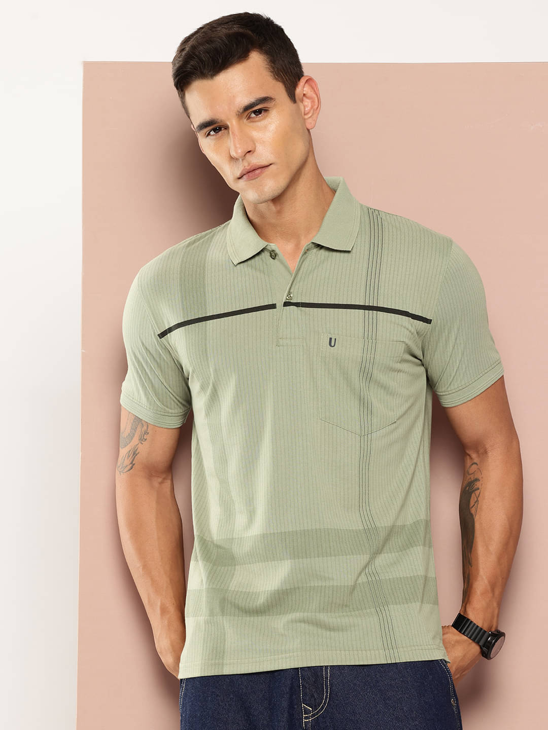 UNIBERRY Men Cotton Blend Regular Fit Striped Polo T Shirt ( Sea Green ) UNIBERRY Men Cotton Blend Regular Fit Striped Polo T Shirt ( Sea Green )