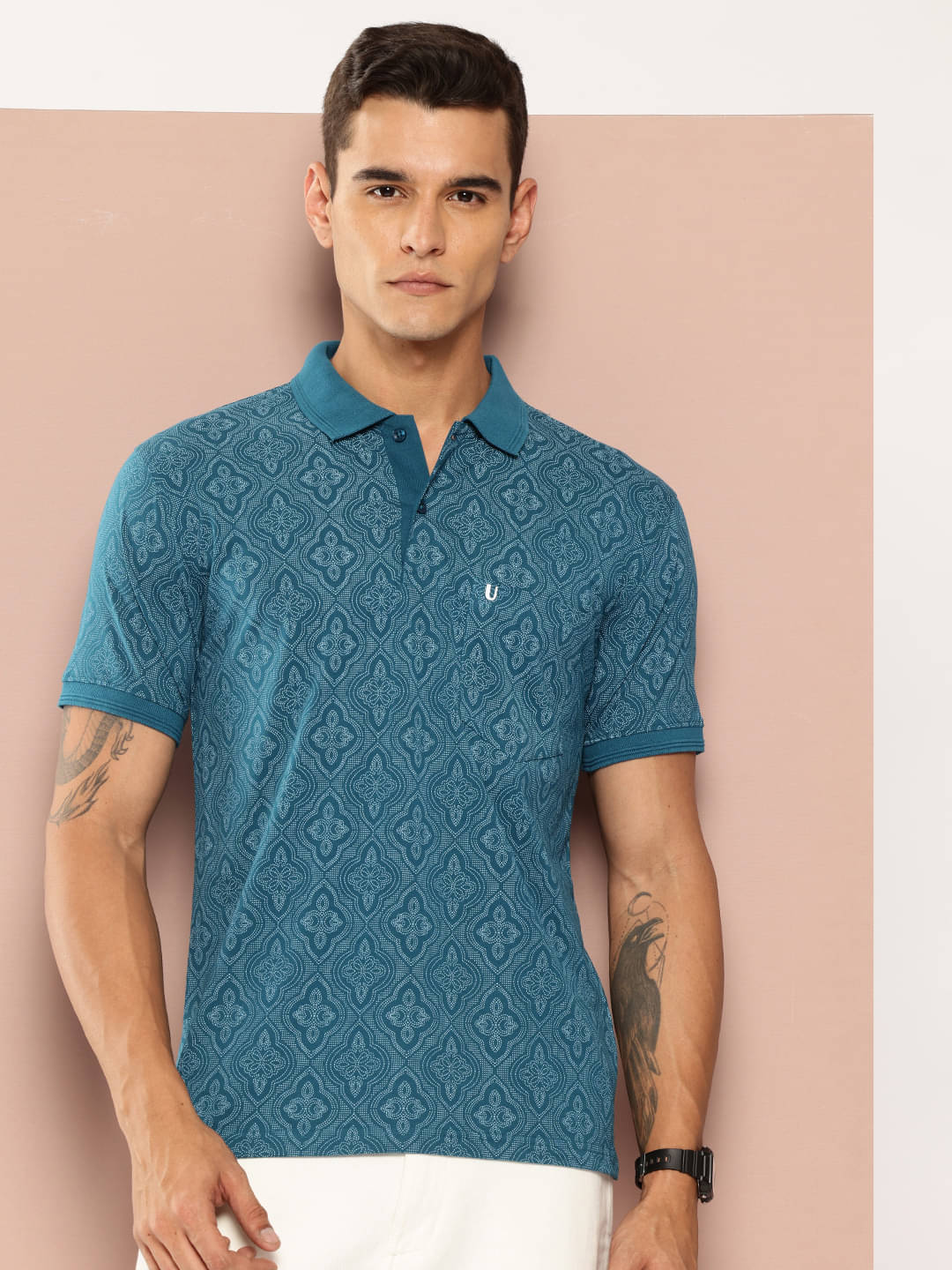 UNIBERRY Men Cotton Blend Regular Fit Printed Polo T Shirt ( Teal Blue )     			UNIBERRY Men Cotton Blend Regular Fit Printed Polo T Shirt ( Teal Blue )