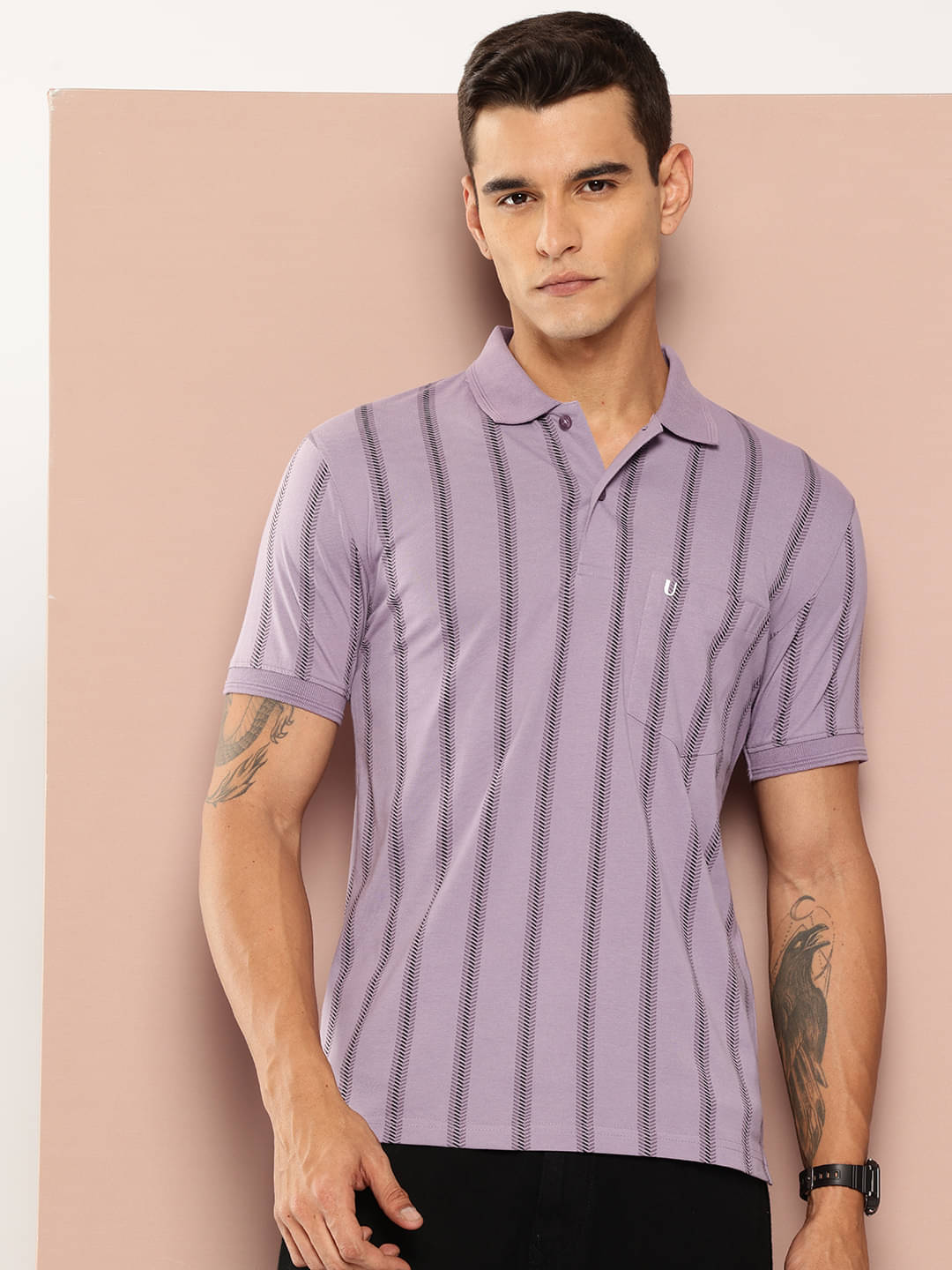     			UNIBERRY Men Cotton Blend Regular Fit Striped Polo T Shirt ( Lavender )