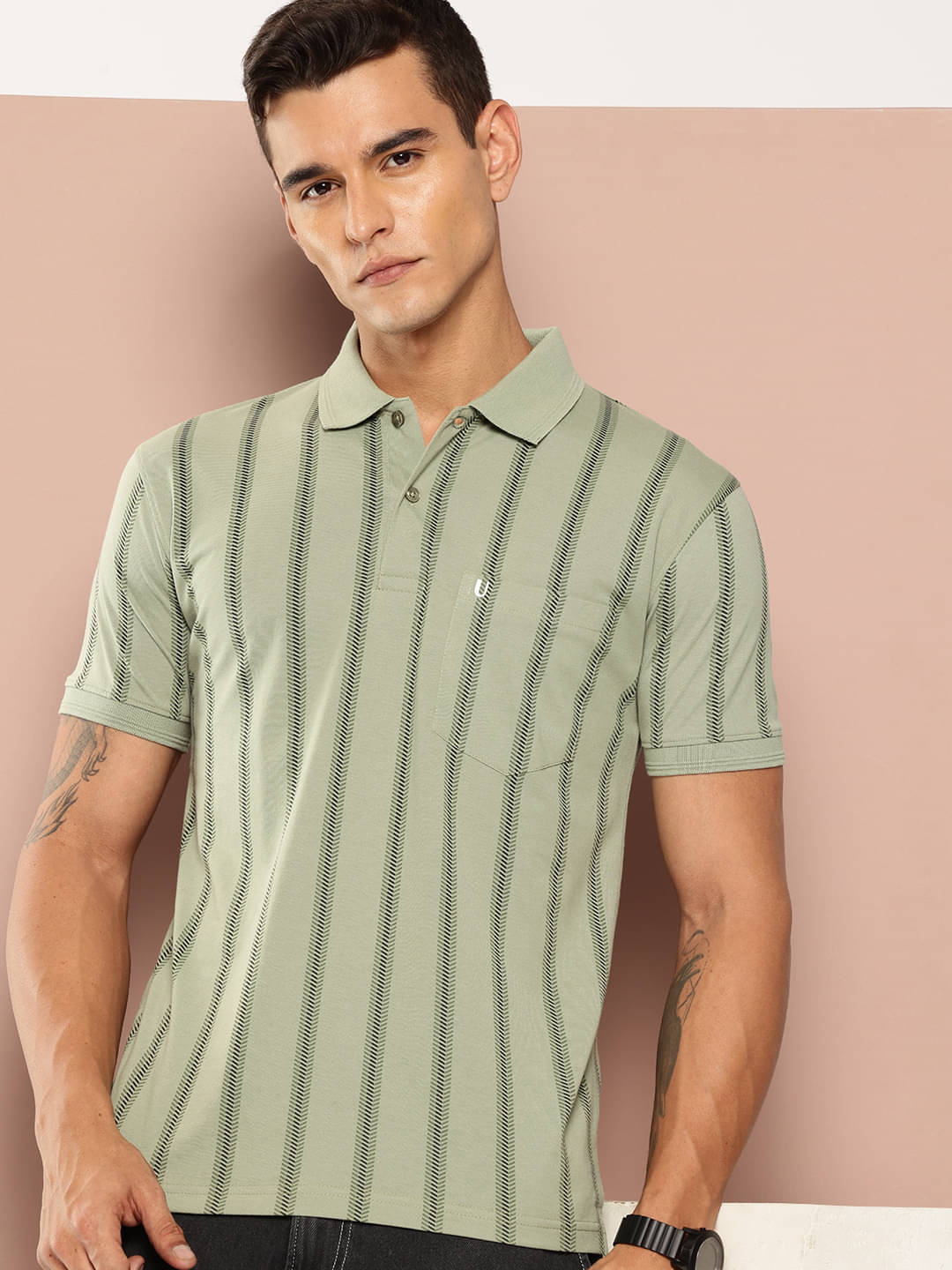     			UNIBERRY Men Cotton Blend Regular Fit Striped Polo T Shirt ( Sea Green )