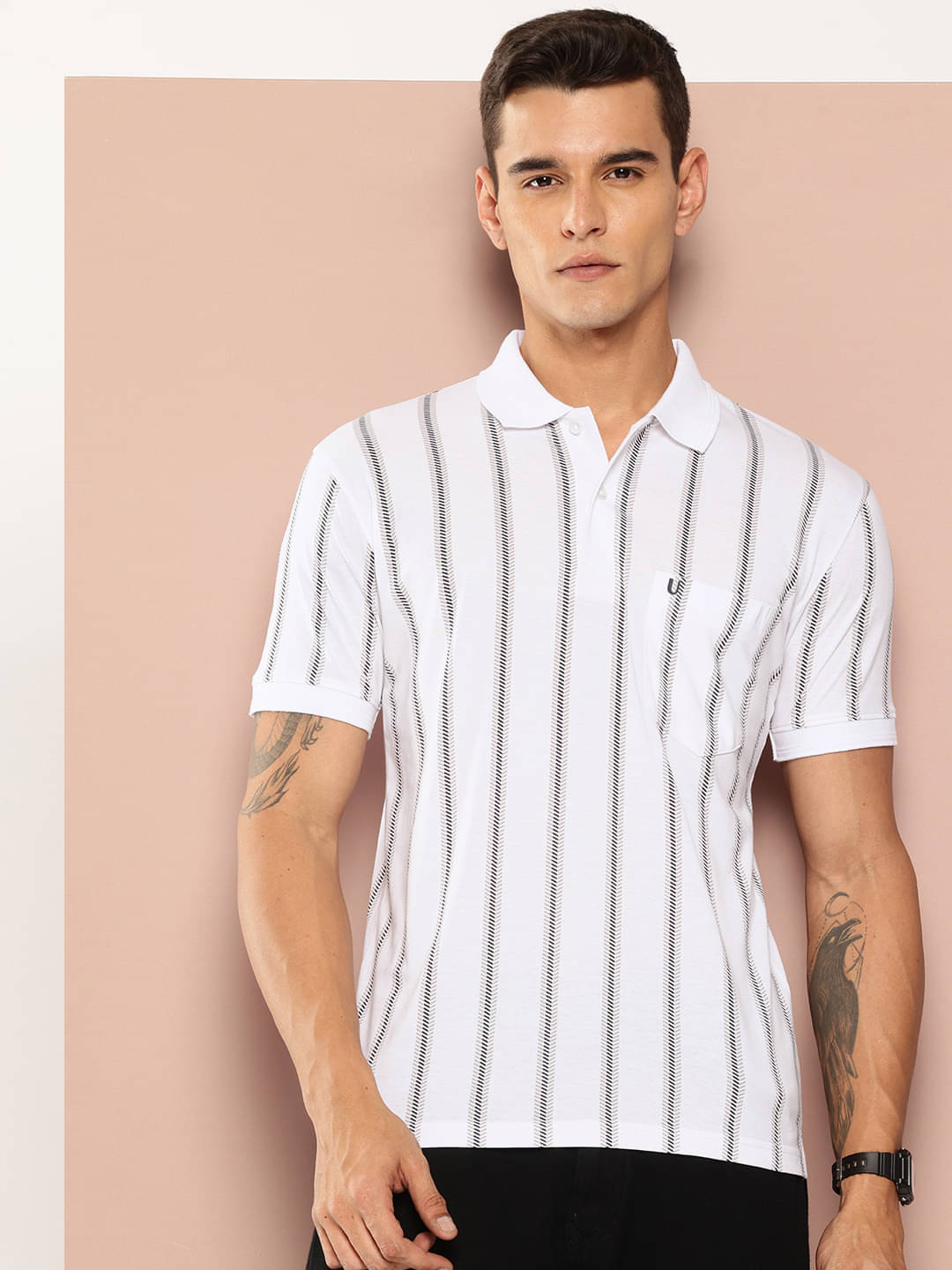     			UNIBERRY Men Cotton Blend Regular Fit Striped Polo T Shirt ( White )