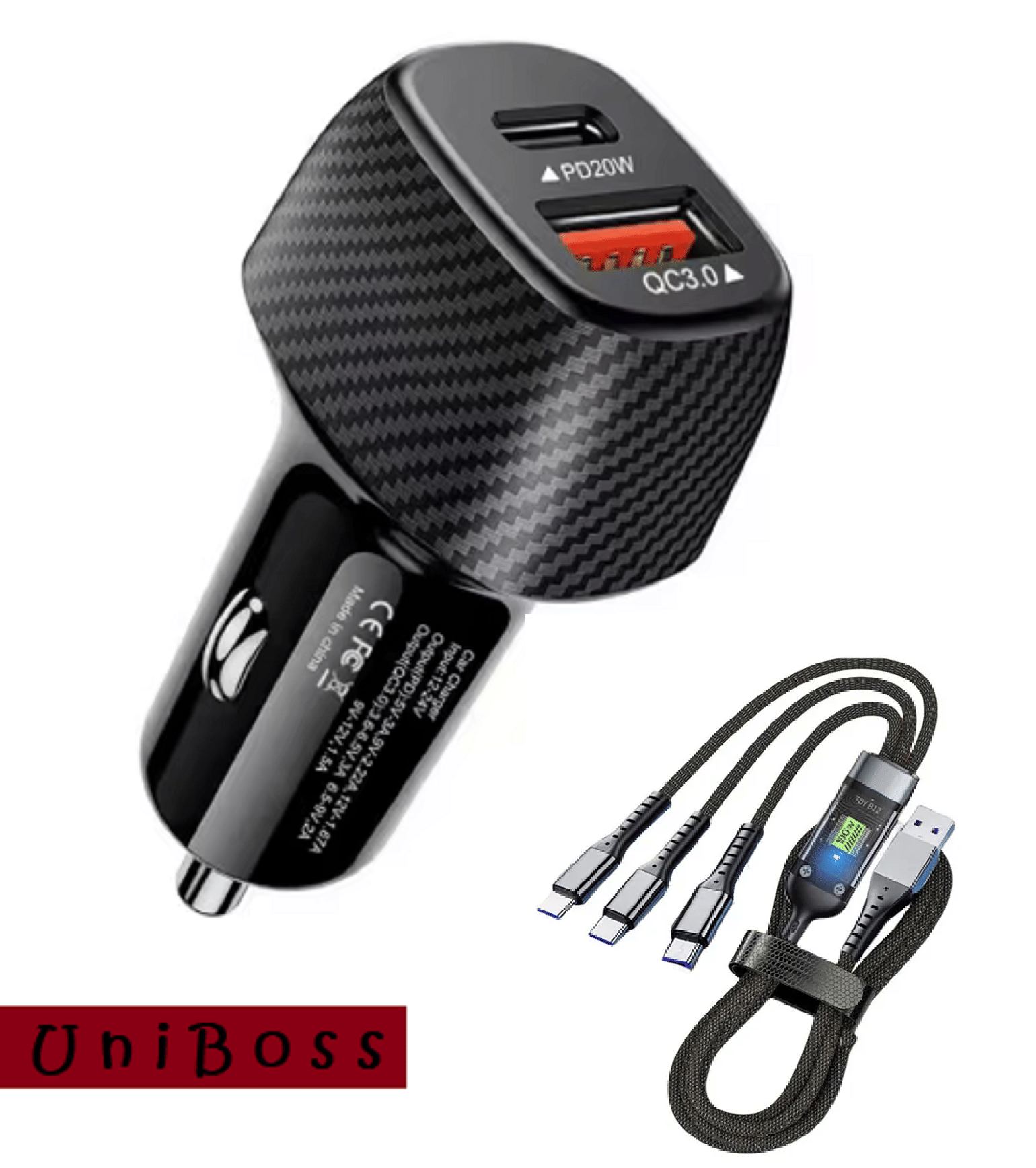     			UniBoss Car Mobile Charger Fast with 3in1 Cable Black