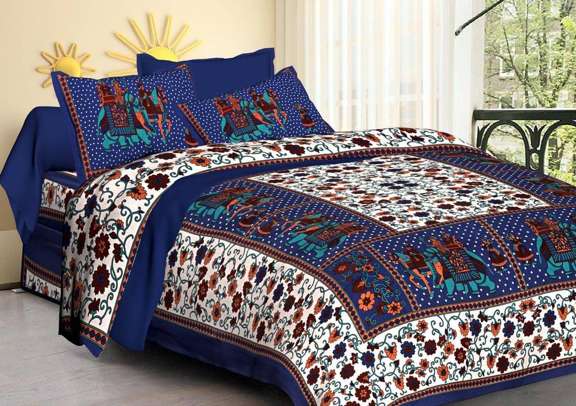     			WAR TRADE Cotton 1 Double Bedsheet with 2 Pillow Covers ( Blue )