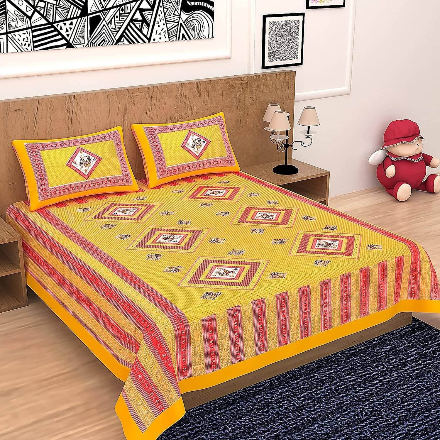 WAR TRADE Cotton 1 Double Bedsheet with 2 Pillow Covers ( Multicolor ) WAR TRADE Cotton 1 Double Bedsheet with 2 Pillow Covers ( Multicolor )