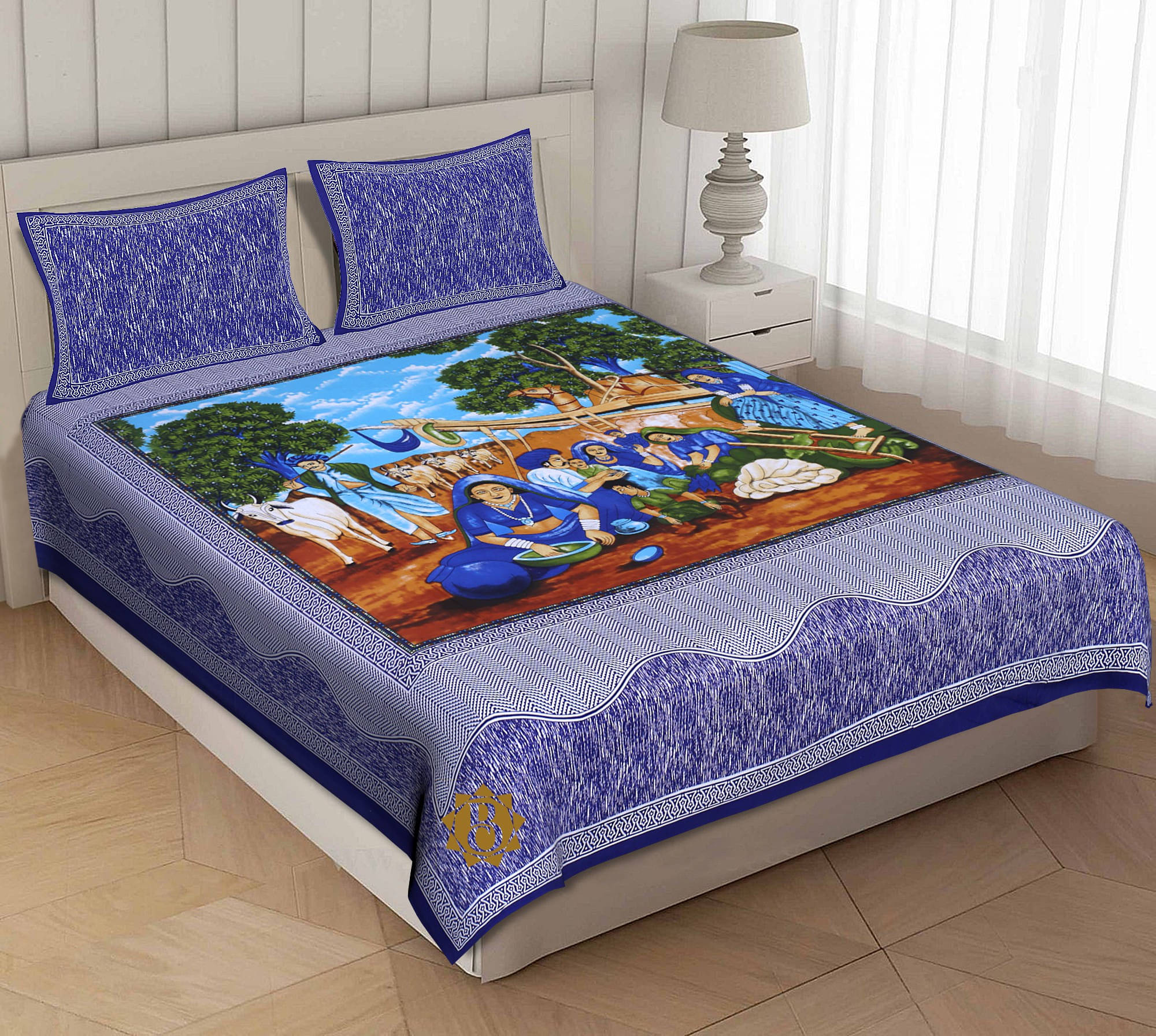     			WAR TRADE Cotton 1 Double Bedsheet with 2 Pillow Covers ( Blue )