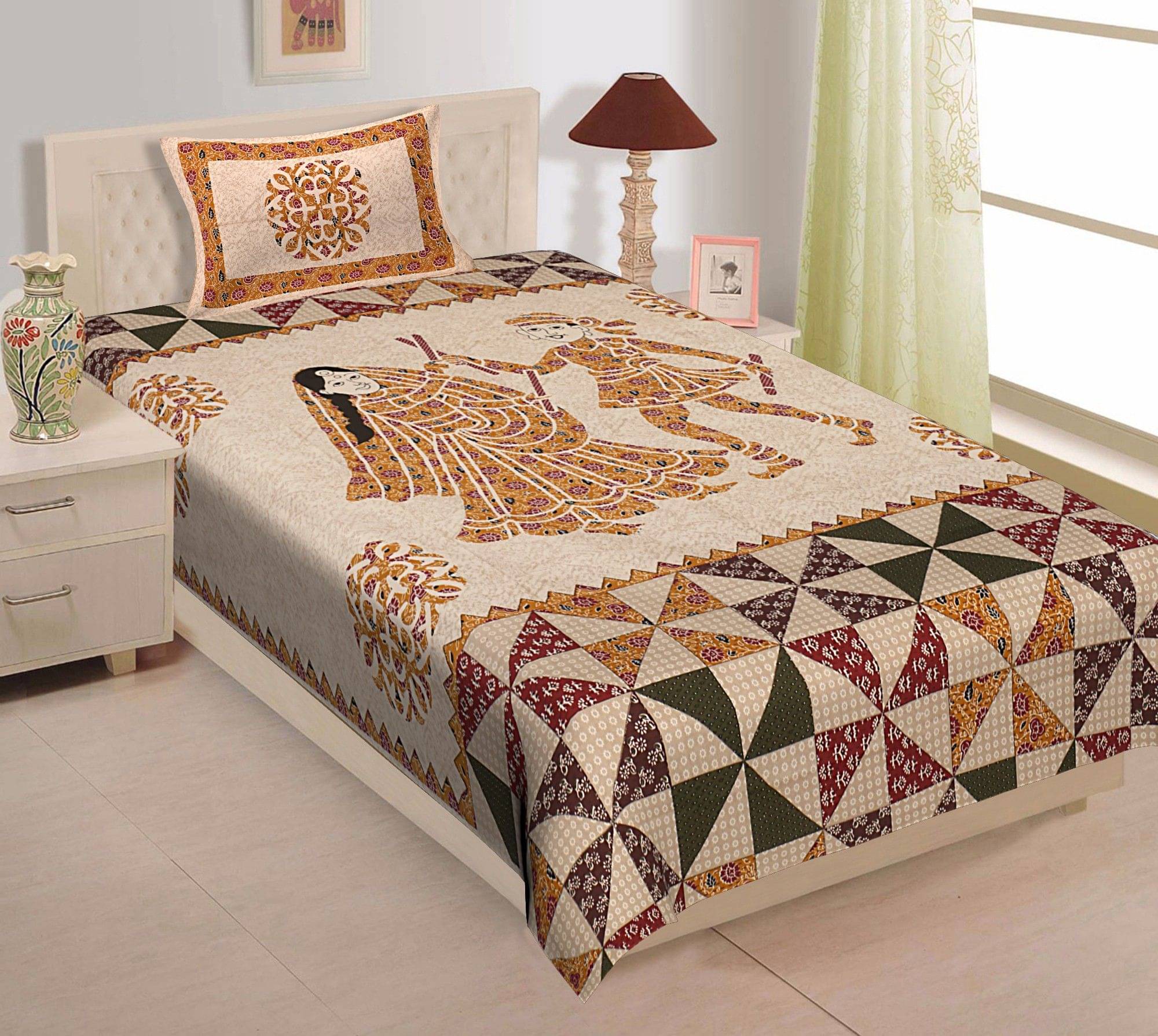     			WAR TRADE Cotton 1 Single Bedsheet with 1 Pillow Cover ( Beige )
