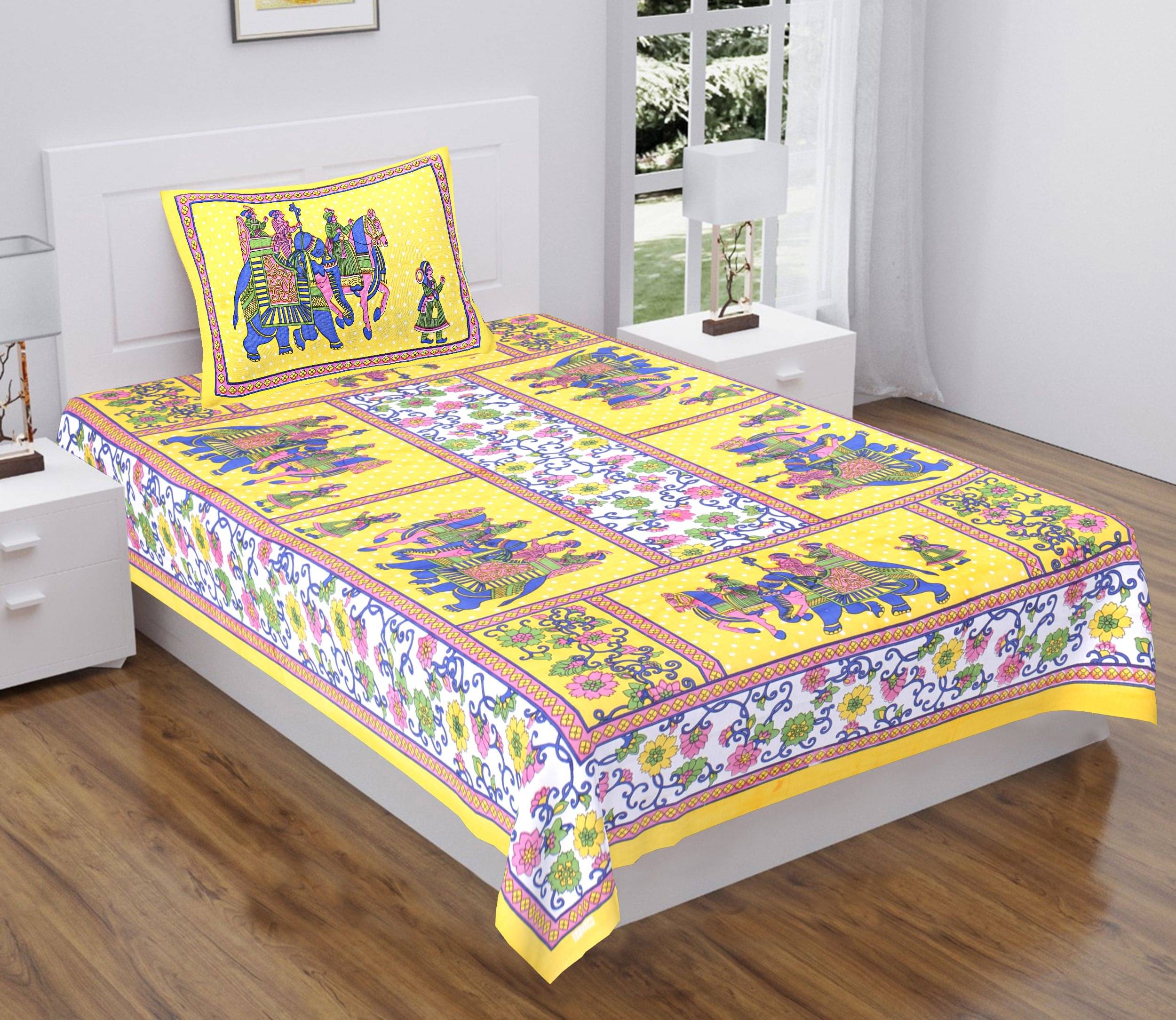     			WAR TRADE Cotton 1 Single Bedsheet with 1 Pillow Cover ( Yellow )
