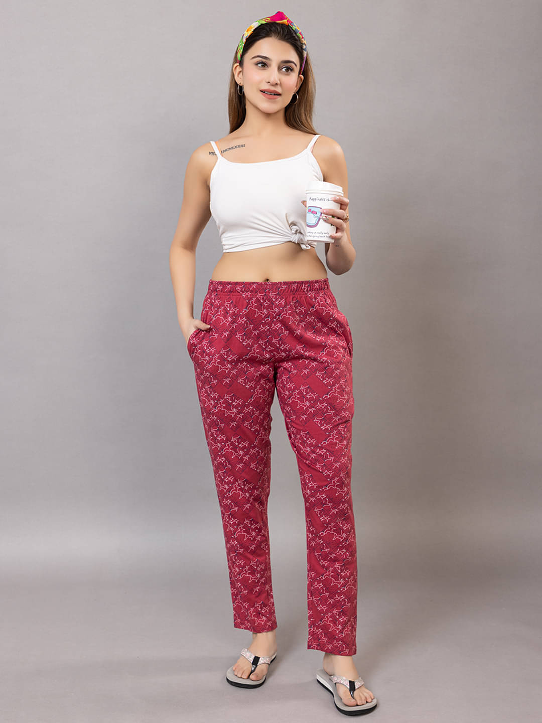     			Xenios Cotton Blend Printed Women Pyjama ( Red )