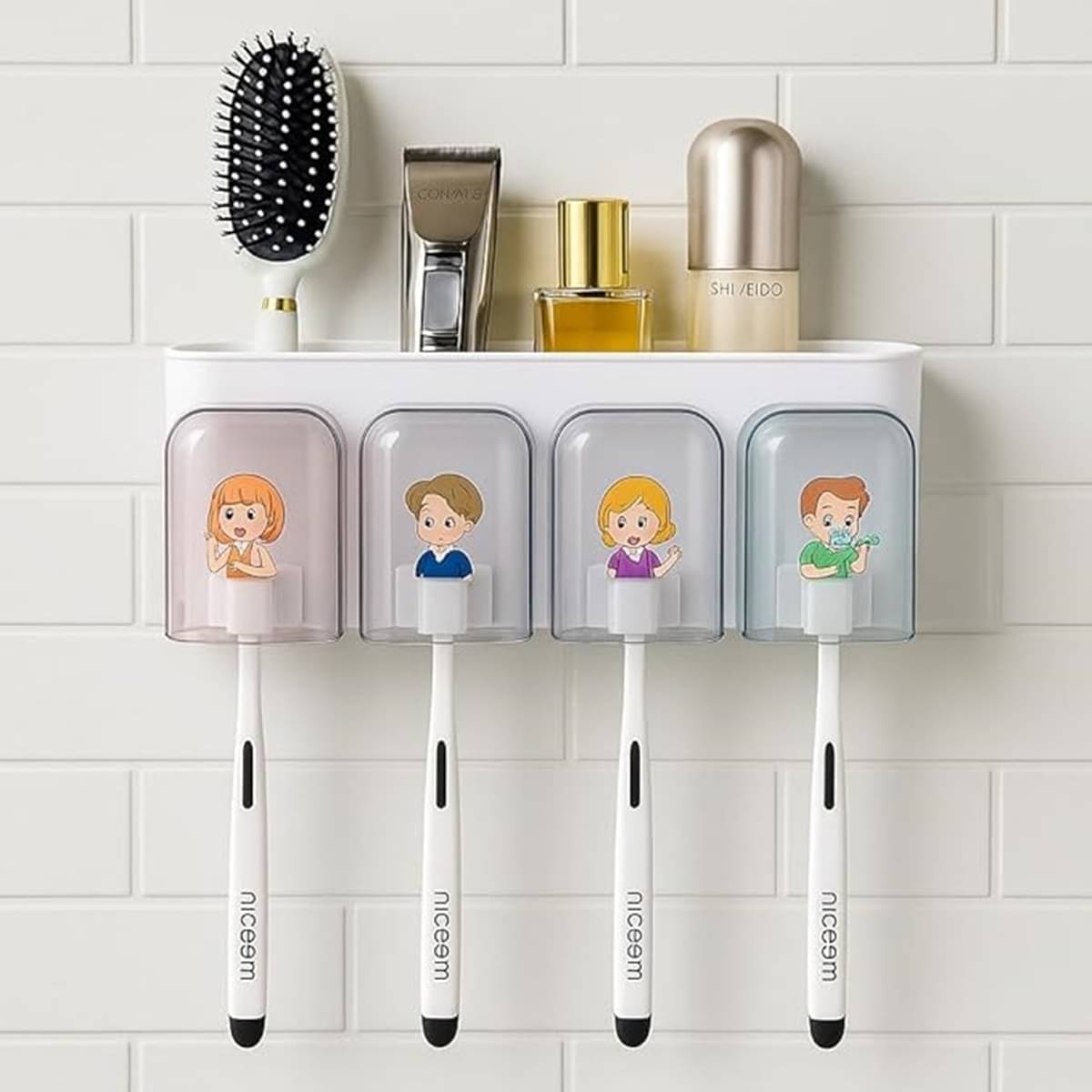 2 In 1 Plastic Brush Holder With 4 Cup /4 Slot Organizer with Cute Cartoon Covers Set Of 1 2 In 1 Plastic Brush Holder With 4 Cup /4 Slot Organizer with Cute Cartoon Covers Set Of 1