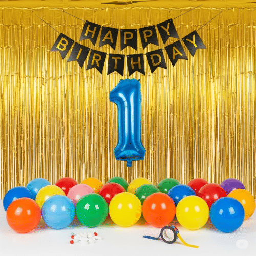 Angolalark Birthday Decoration Set – Gold Fringe Curtain (1 Pc), Black Happy Birthday Banner, Blue Foil Number, 20 Multicolour Balloons – Party Decor Kit for (Blue Foil Number 1)     			Angolalark Birthday Decoration Set – Gold Fringe Curtain (1 Pc), Black Happy Birthday Banner, Blue Foil Number, 20 Multicolour Balloons – Party Decor Kit for (Blue Foil Number 1)