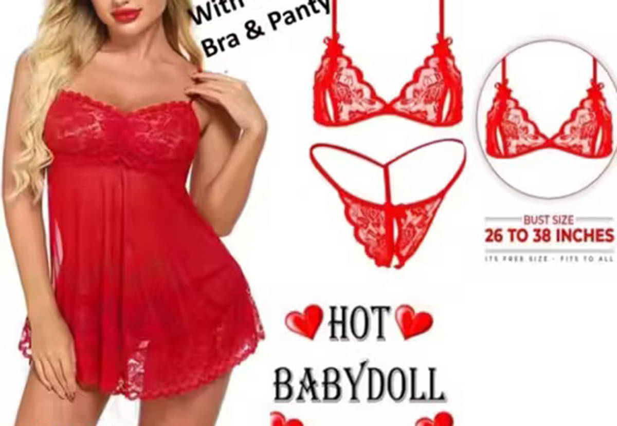     			BOB BOM Red Net Women Baby Doll Dress With Panty