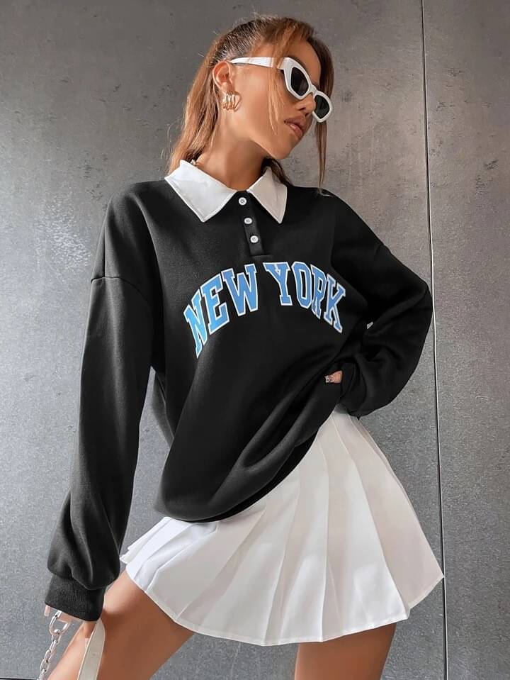 Christy World Women Fleece Shirt Collar Sweatshirt ( Black ) Christy World Women Fleece Shirt Collar Sweatshirt ( Black )