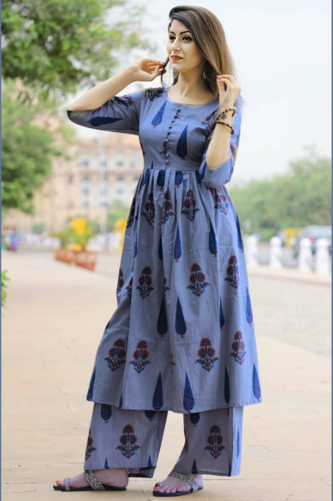 EXPORTHOUSE Women Silk Blend Printed Anarkali Kurti With Pants ( Light Blue ) EXPORTHOUSE Women Silk Blend Printed Anarkali Kurti With Pants ( Light Blue )