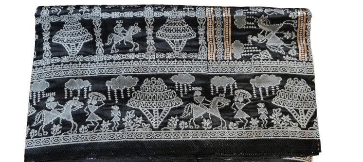 GAURISHANKER CREATION Art Silk Printed Baluchari Saree With Unstitched Blouse Piece ( Black ) GAURISHANKER CREATION Art Silk Printed Baluchari Saree With Unstitched Blouse Piece ( Black )