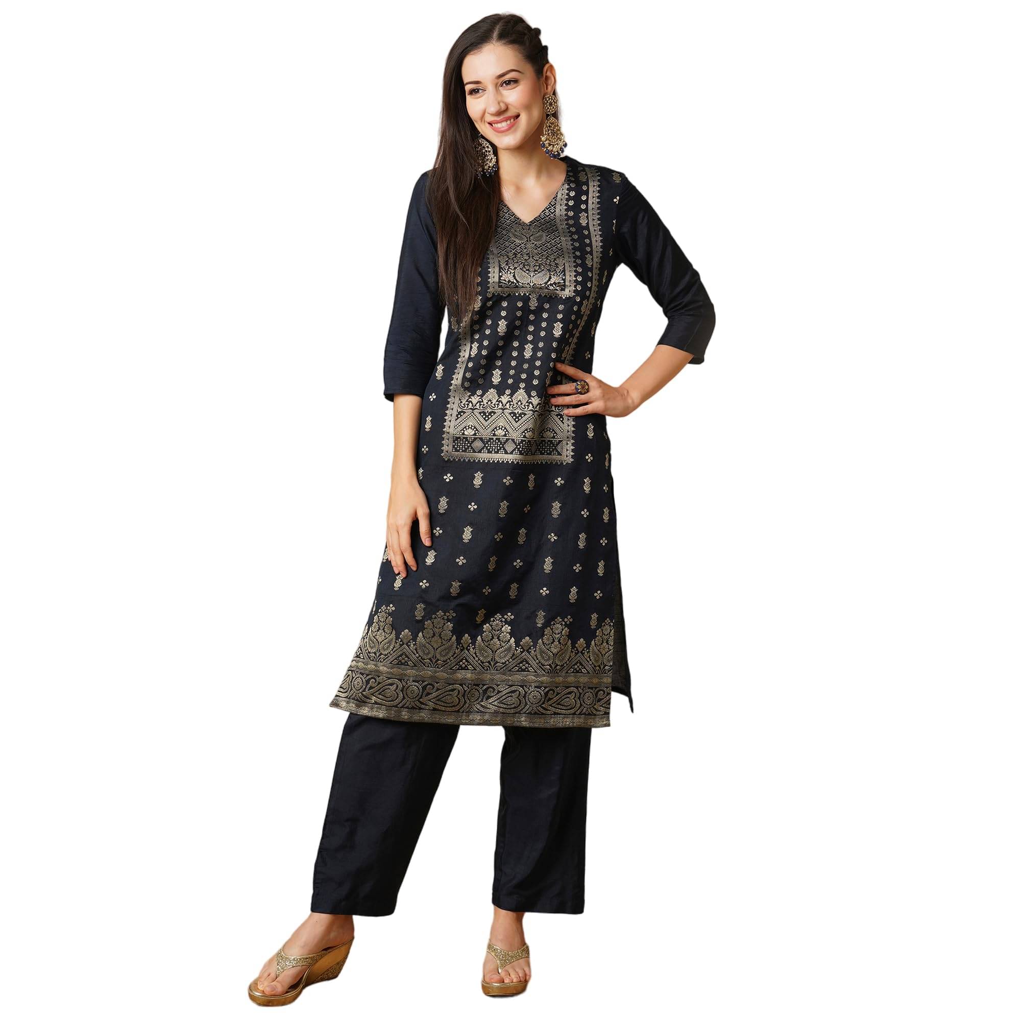     			Globus Women Brocade Printed Straight Kurti With Pants ( Blue )