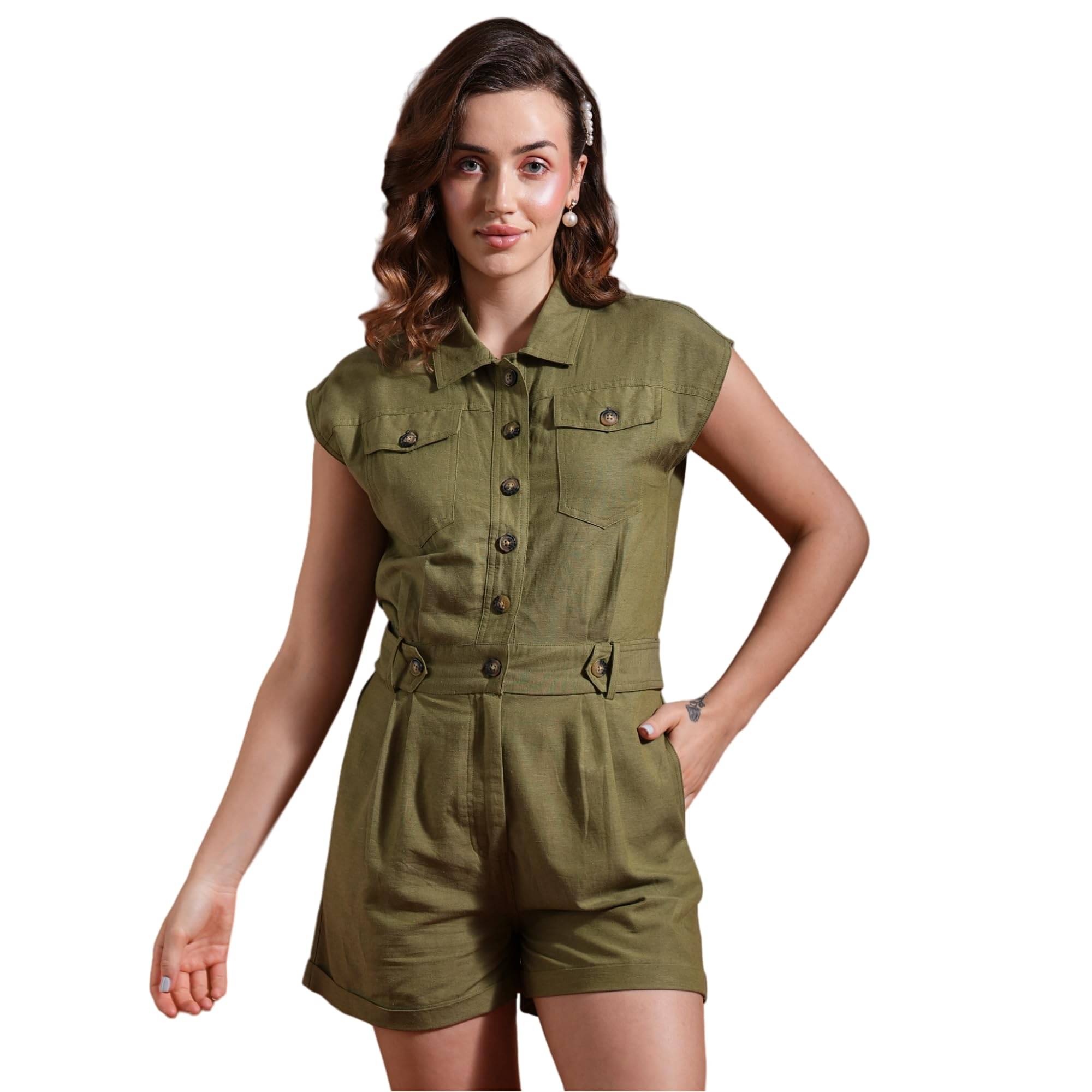     			Globus Women Cotton Blend Jumpsuit ( Olive )