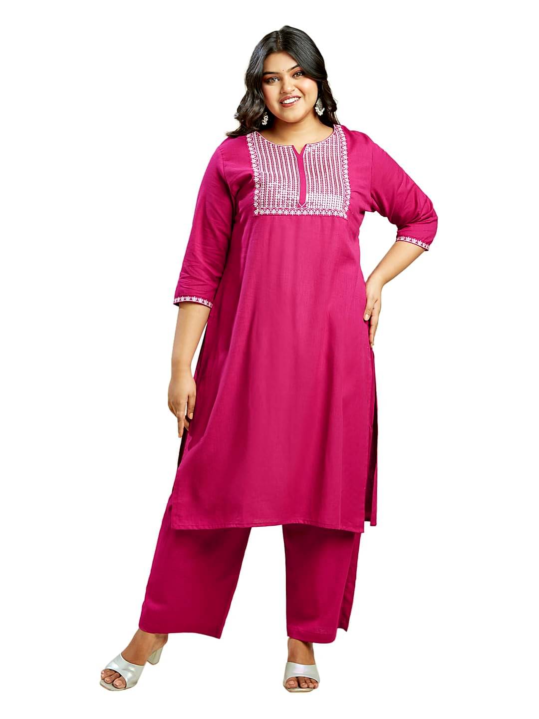     			Globus Women Cotton Blend Solid Straight Kurti With Pants ( Pink )