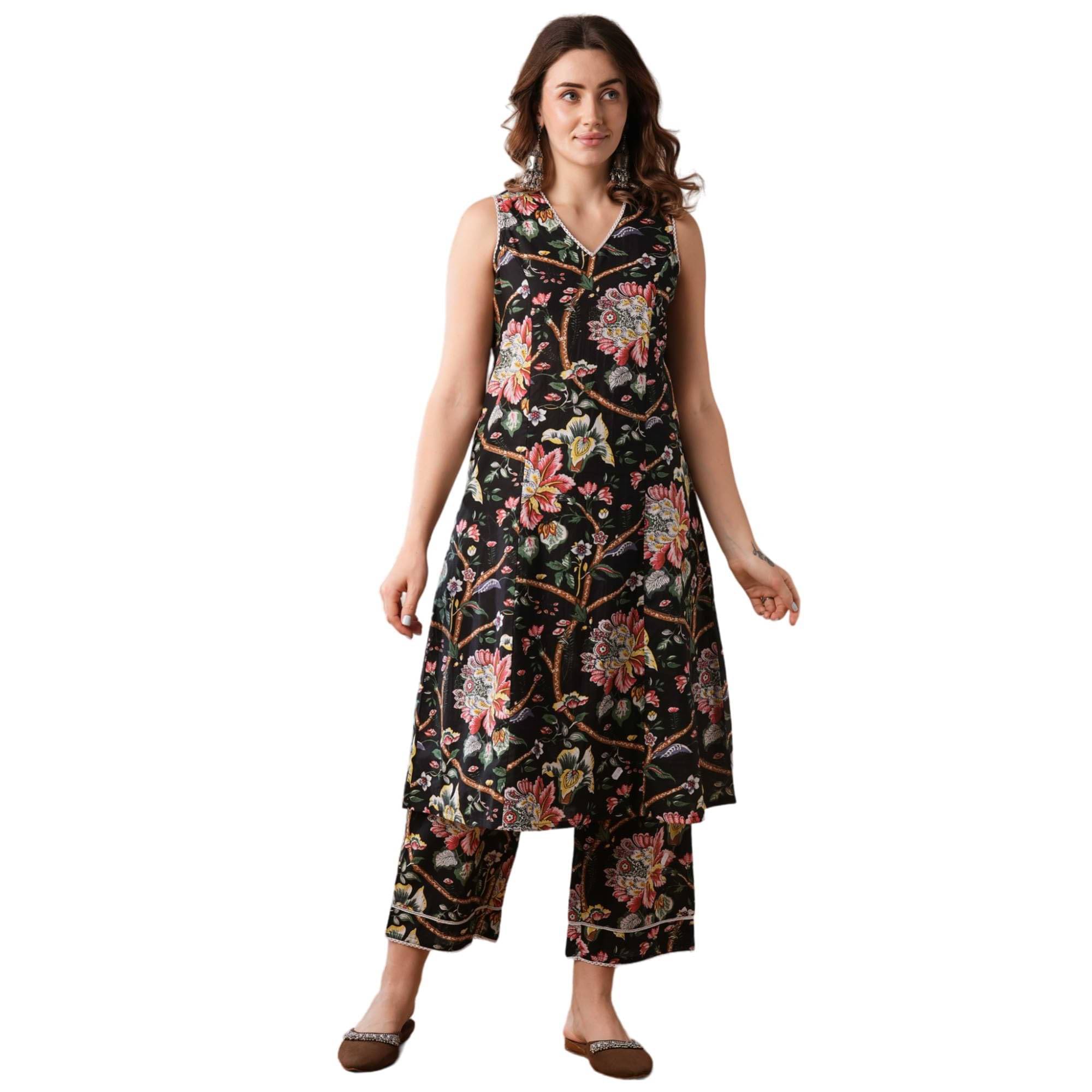     			Globus Women Cotton Printed A-Line Kurti With Pants ( Black )