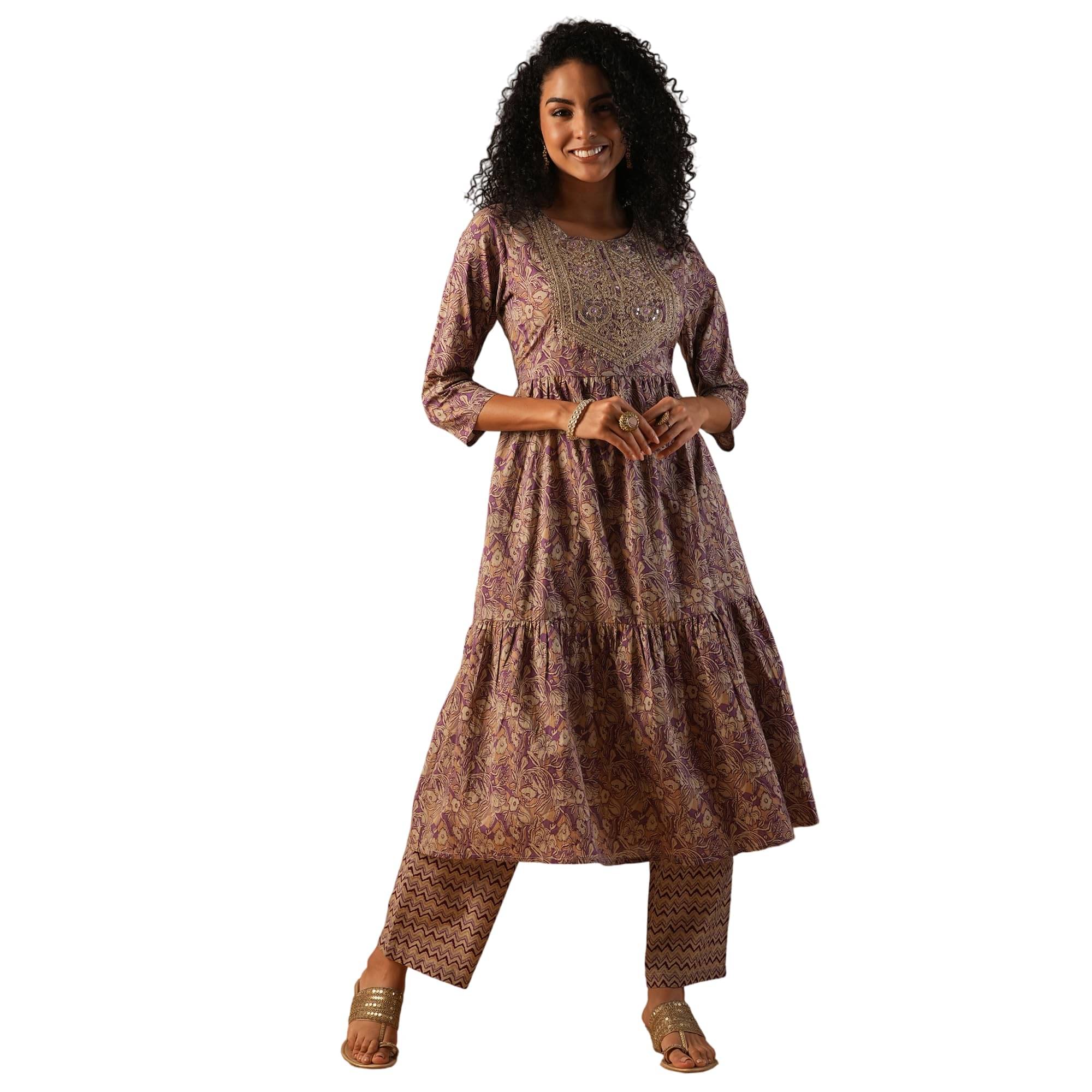 Globus Women Cotton Printed A-Line Kurti With Pants ( Purple )     			Globus Women Cotton Printed A-Line Kurti With Pants ( Purple )
