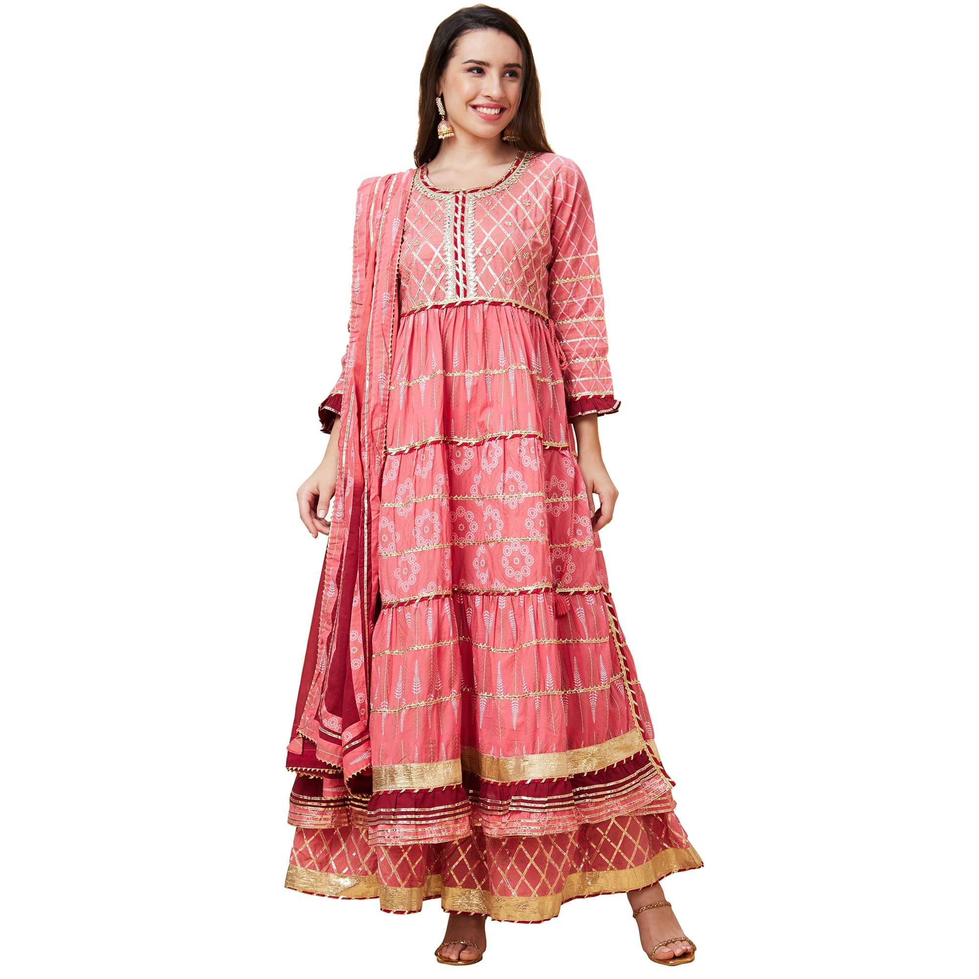 Globus Women Cotton Printed Anarkali Kurti With Sharara And Gharara ( Pink ) Globus Women Cotton Printed Anarkali Kurti With Sharara And Gharara ( Pink )