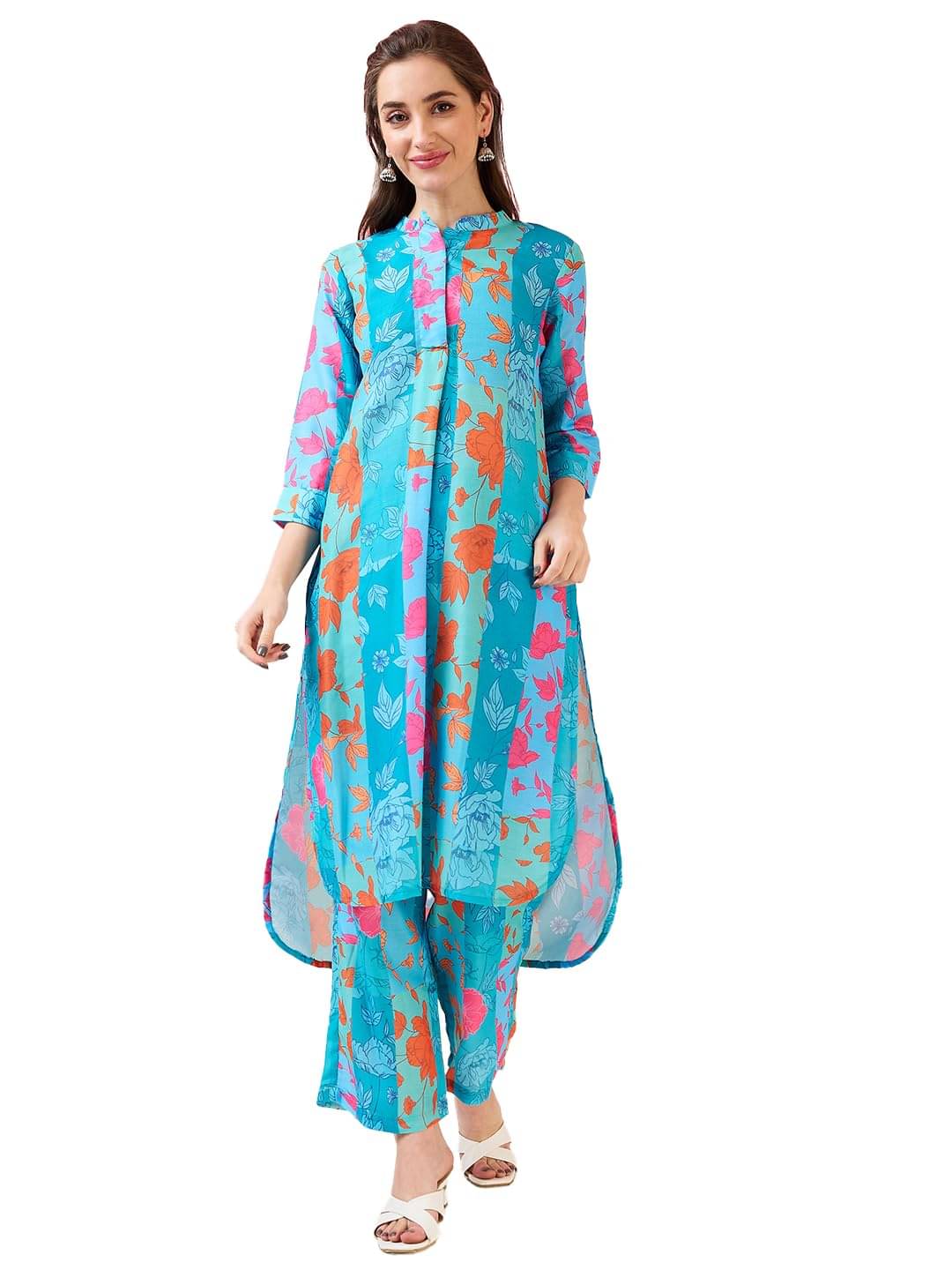     			Globus Women Cotton Printed Straight Kurti With Pants ( Blue )