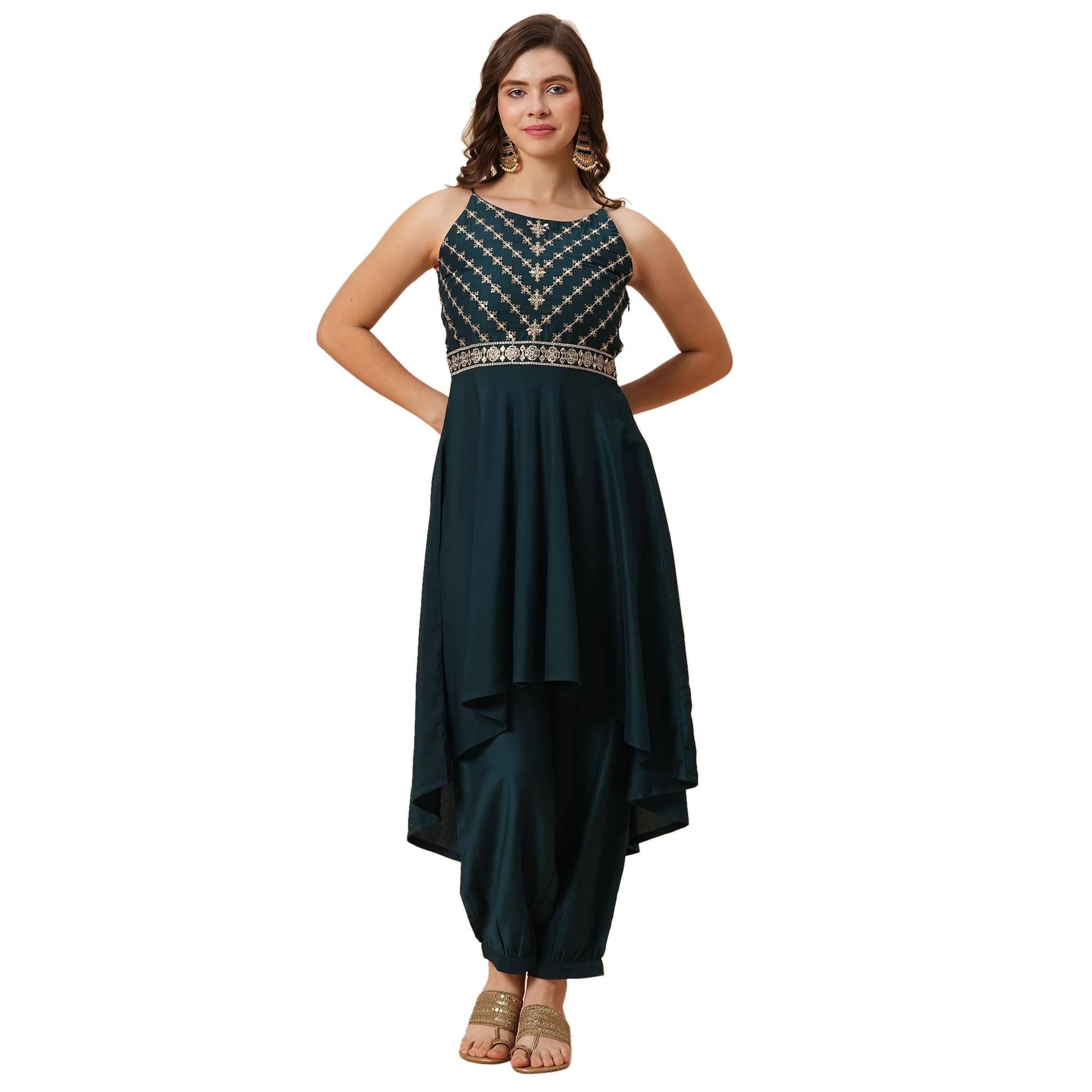     			Globus Women Cotton Solid A-Line Kurti With Pants ( Teal )