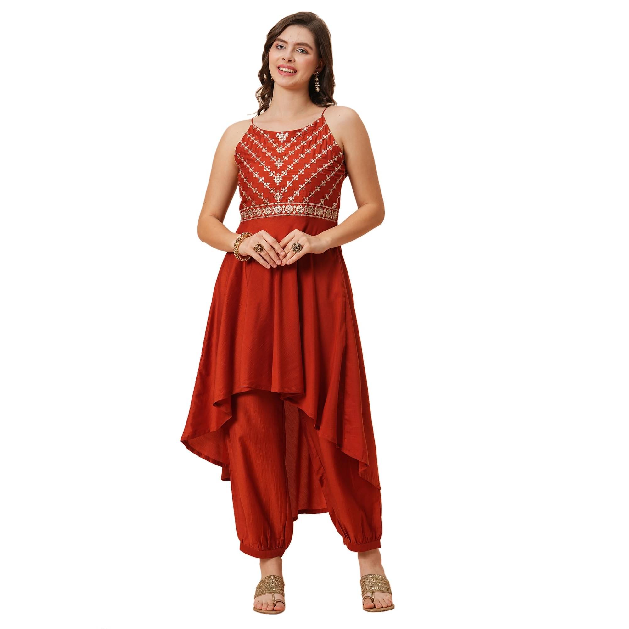     			Globus Women Cotton Solid A-Line Kurti With Pants ( Rust )
