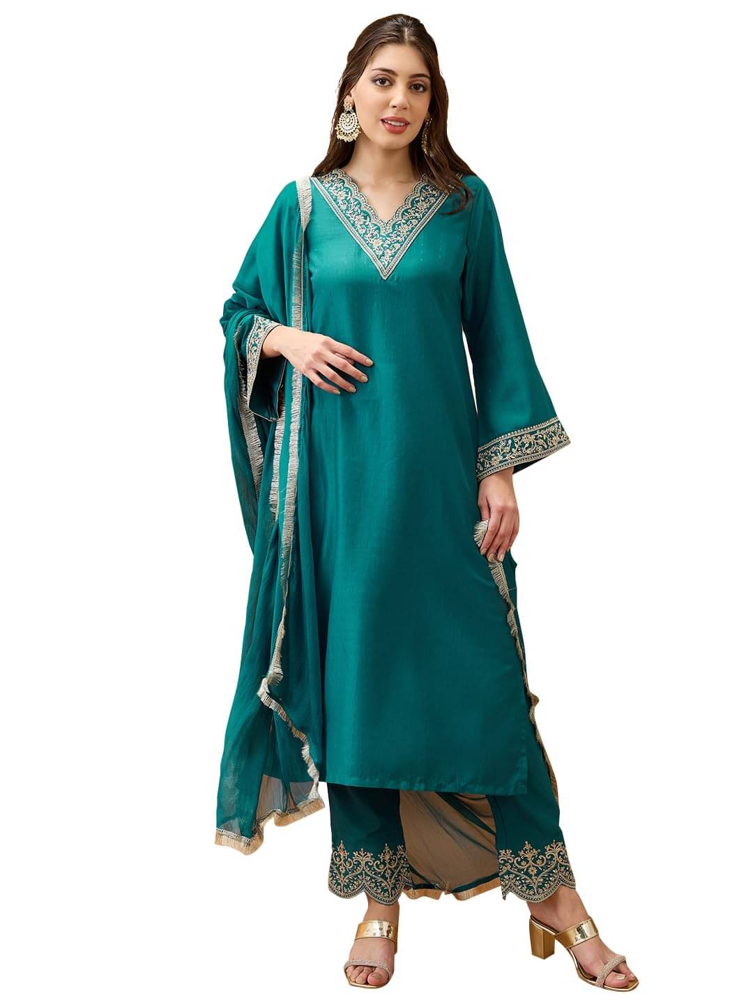 Globus Women Polyester Solid Straight Kurti With Pants ( Teal )     			Globus Women Polyester Solid Straight Kurti With Pants ( Teal )