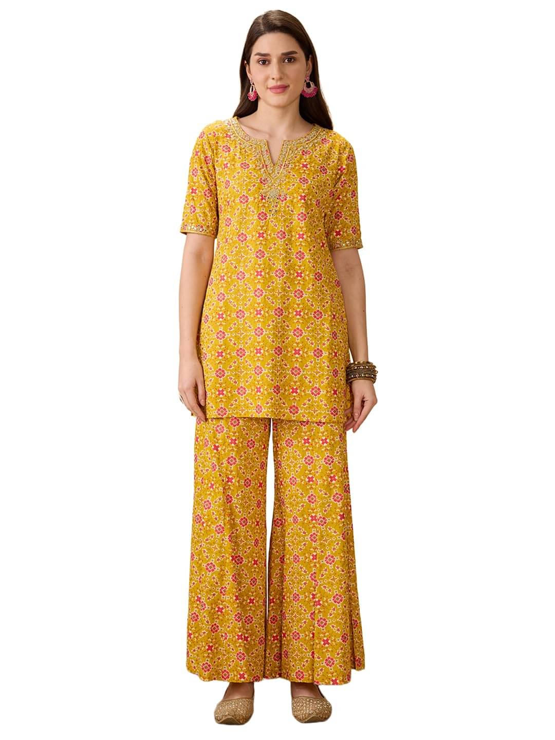     			Globus Women Top With Palazzos Co-Ord Set ( Mustard )