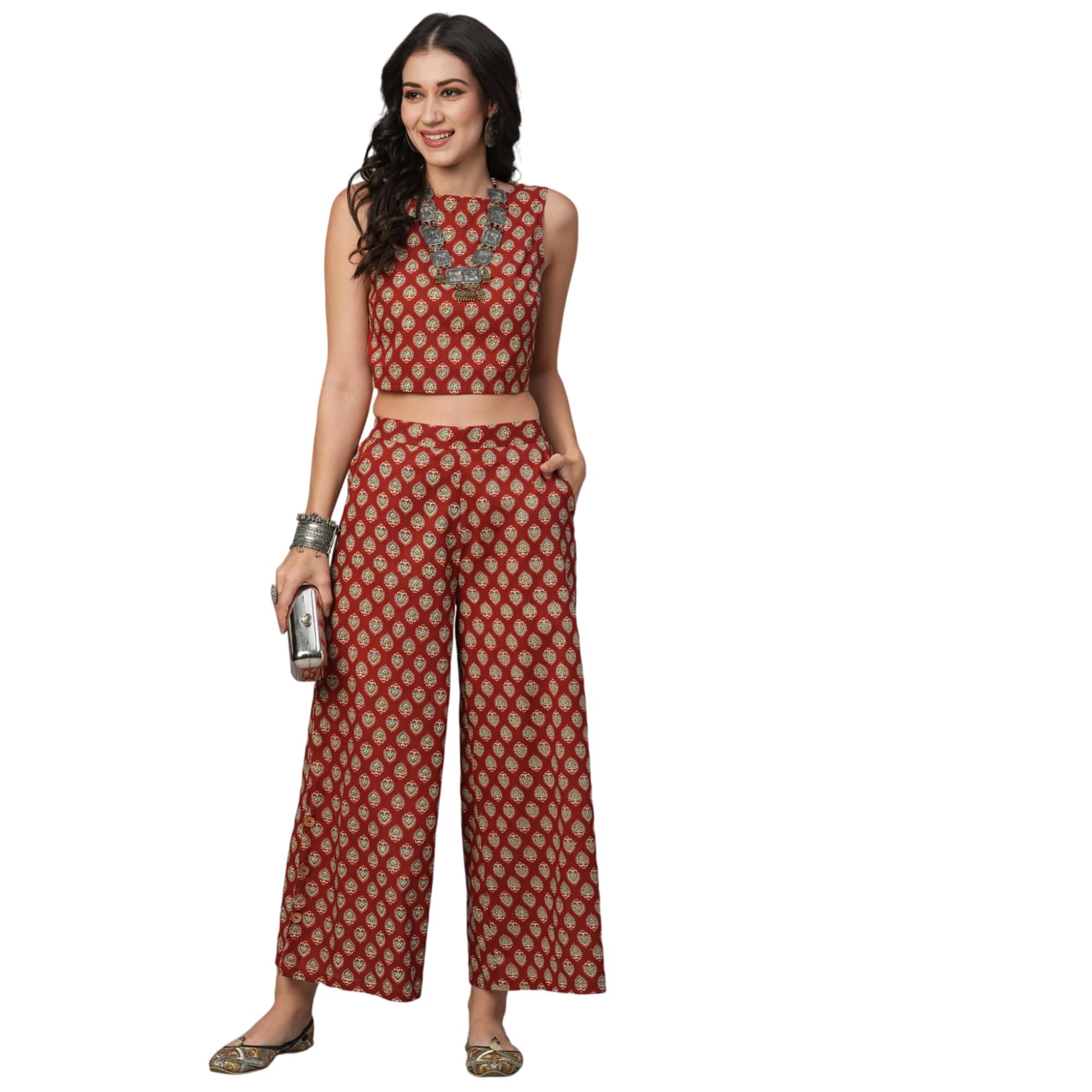     			Globus Women Top With Palazzos Co-Ord Set ( Red )
