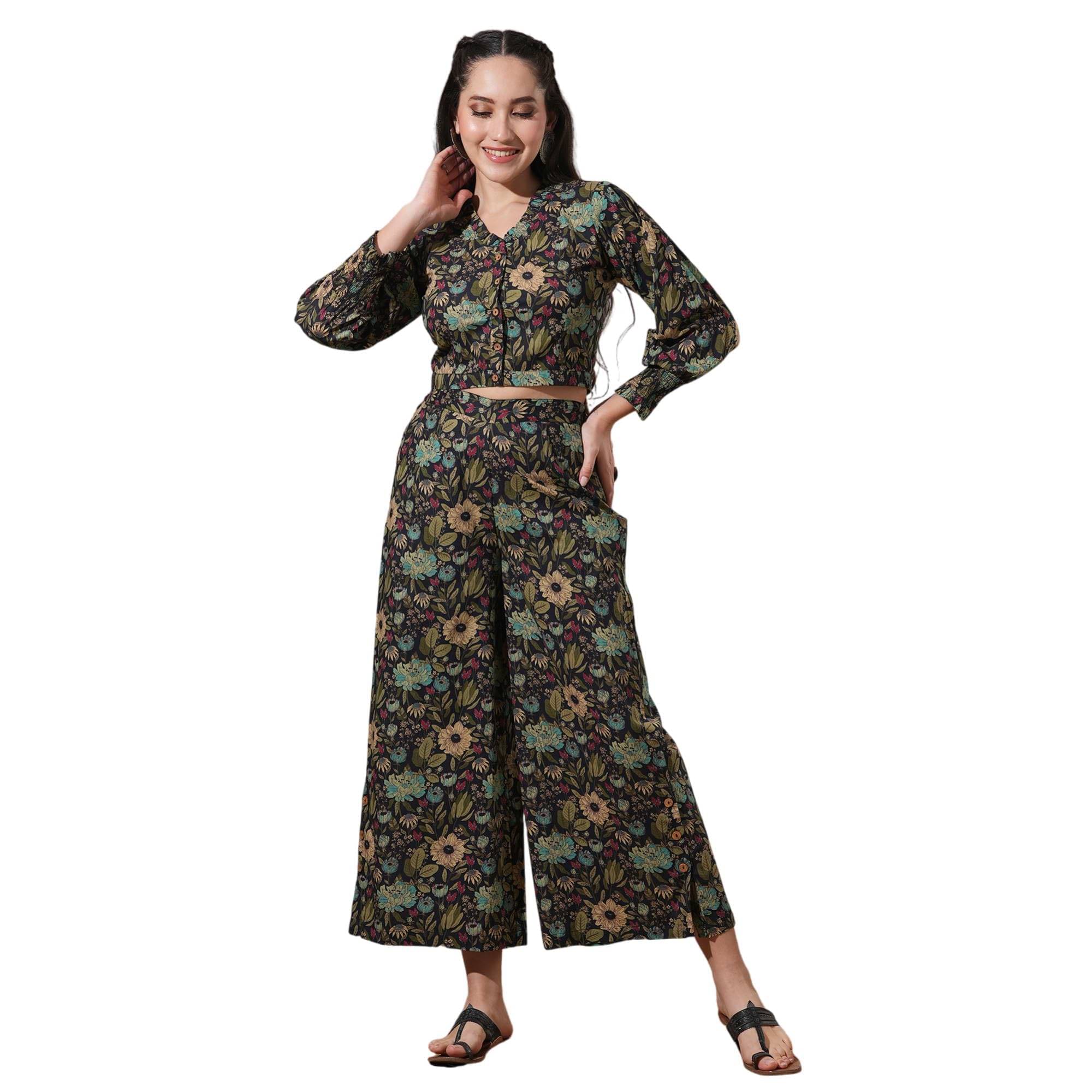     			Globus Women Top With Palazzos Co-Ord Set ( Black )