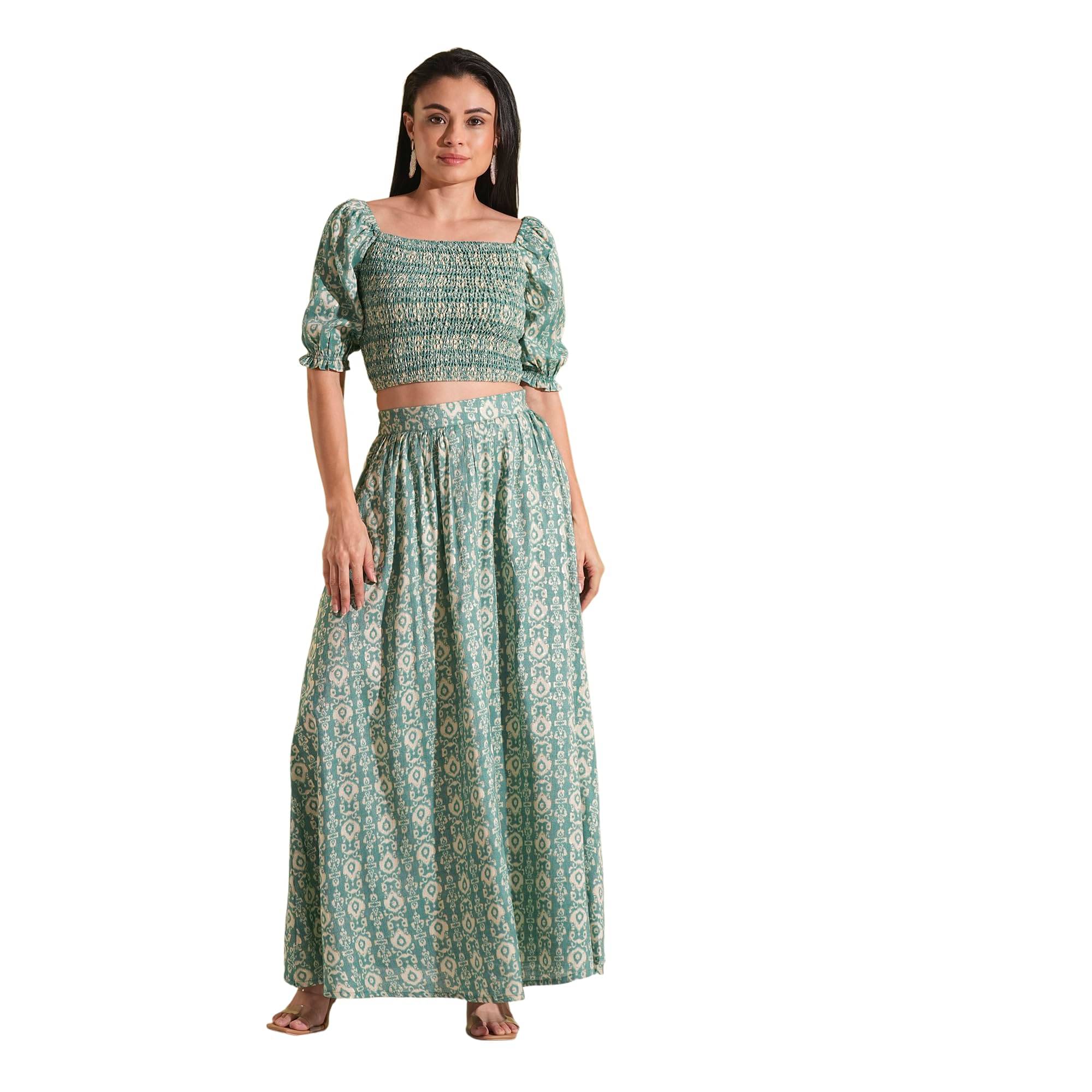     			Globus Women Top With Skirt Co-Ord Set ( Green )