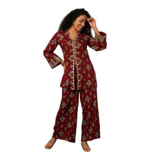     			Globus Women Top With Trousers Co-Ord Set ( Red )