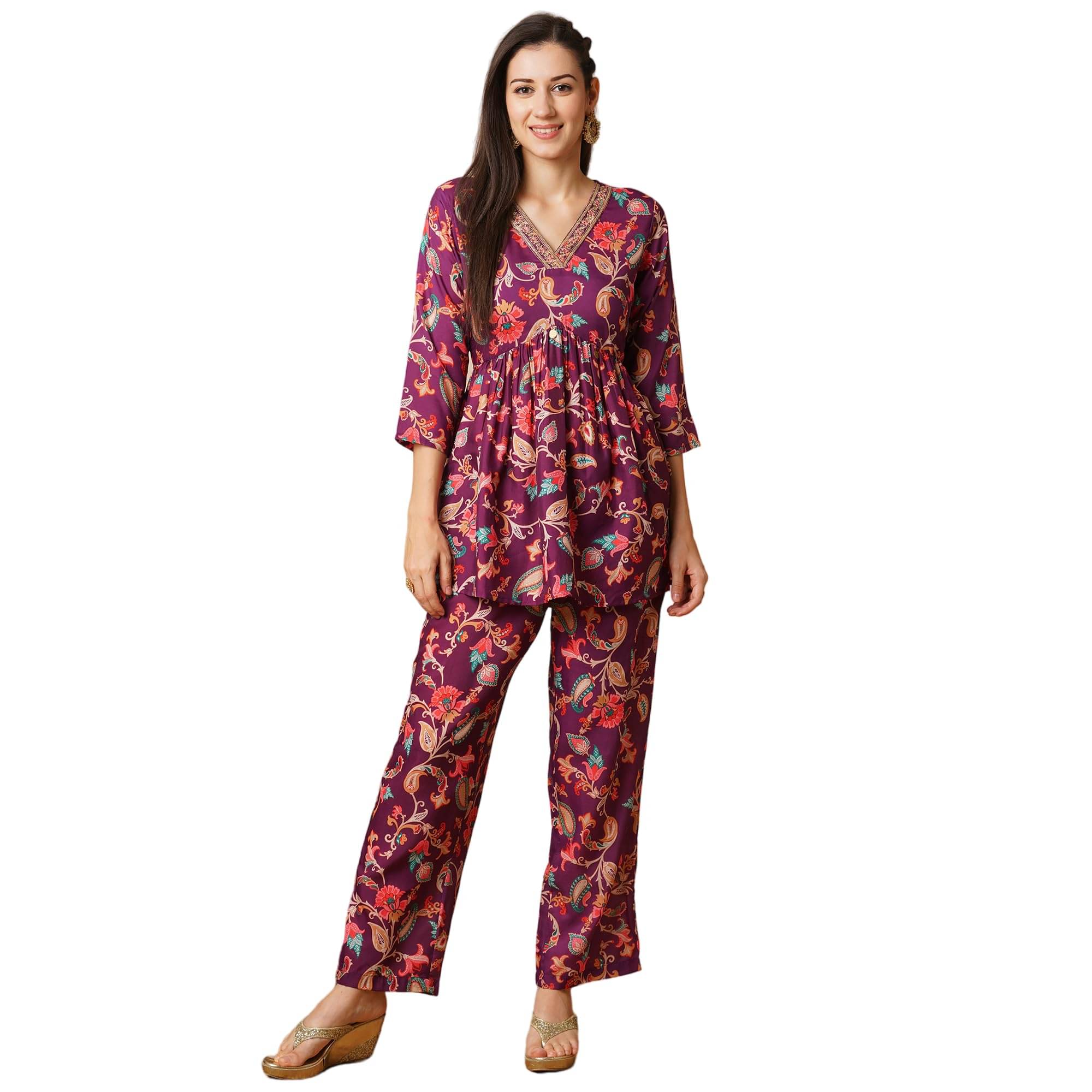     			Globus Women Tunic With Trousers Co-Ord Set ( Purple )