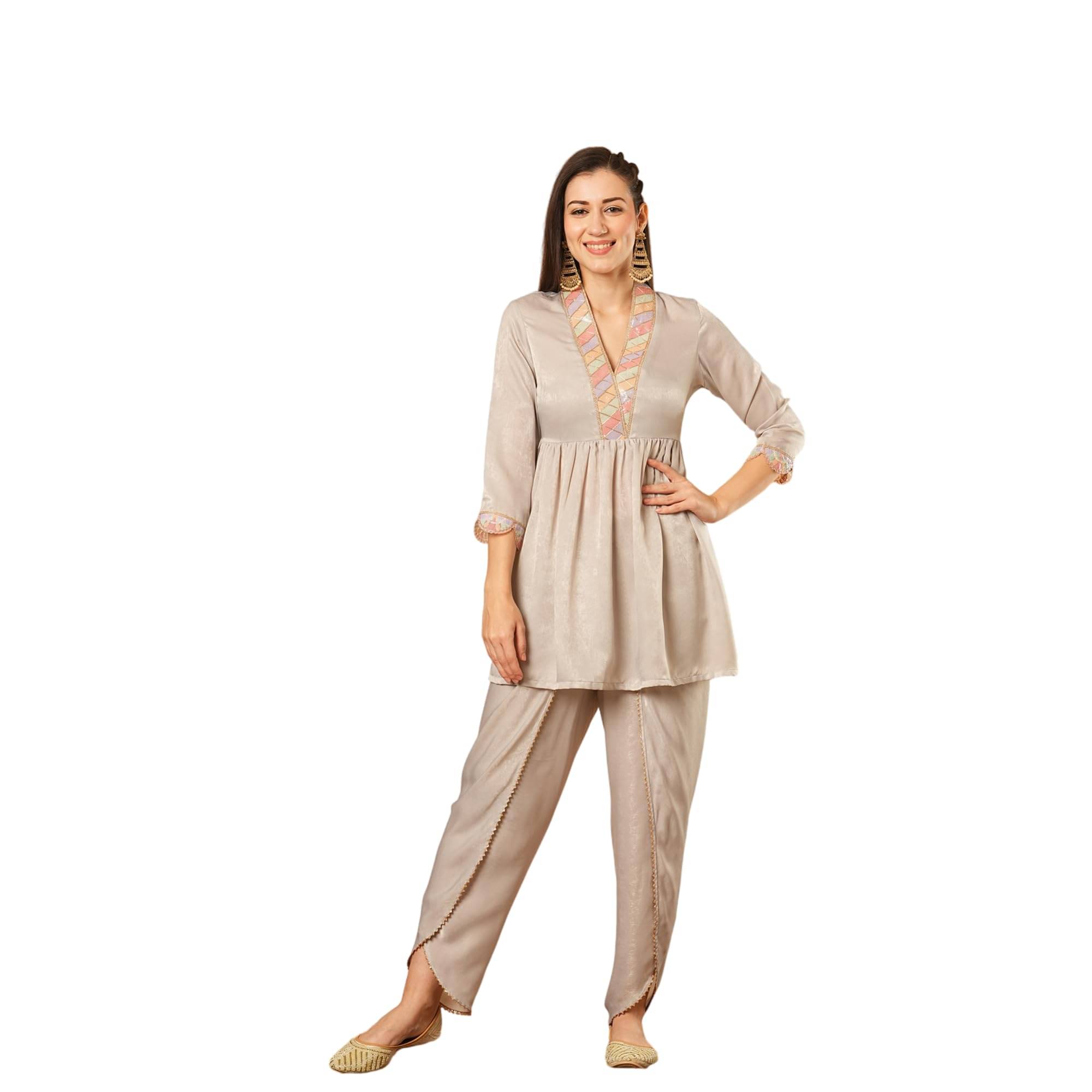     			Globus Women Velvet Solid A-Line Kurti With Dhoti Pants ( Grey )