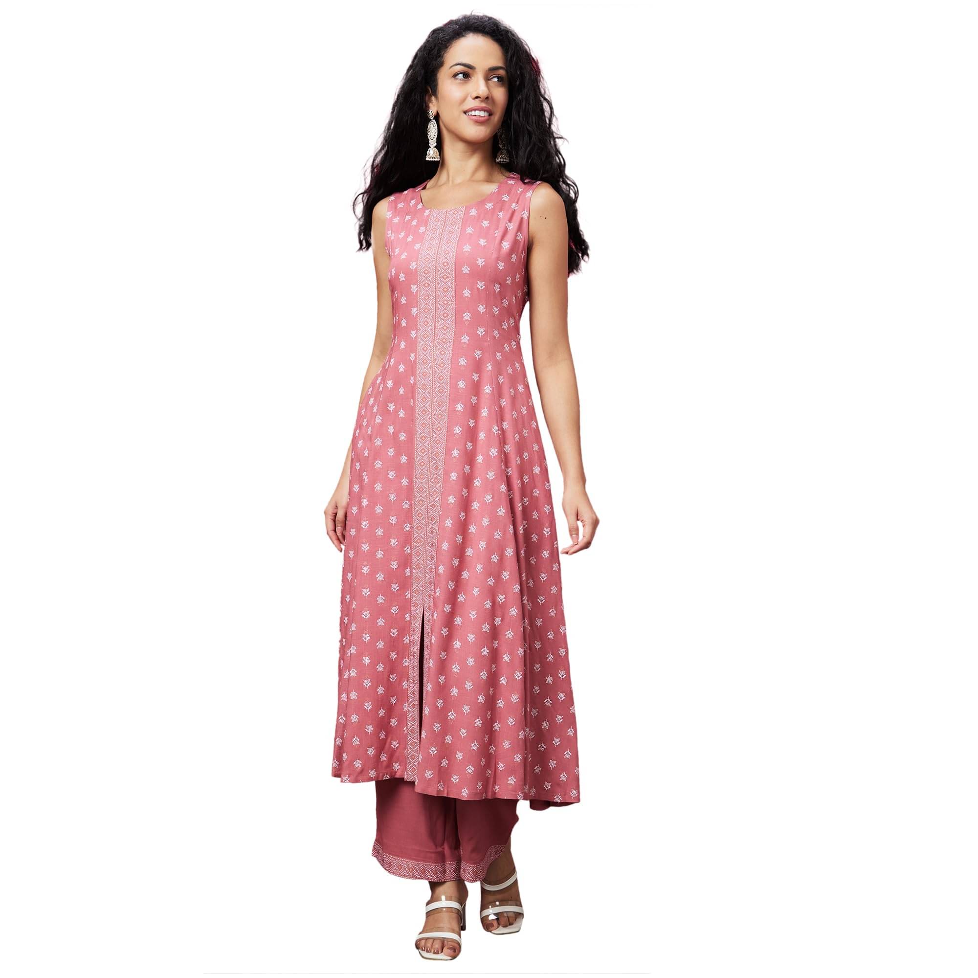 Globus Women Viscose Printed A-Line Kurti With Pants ( Pink )     			Globus Women Viscose Printed A-Line Kurti With Pants ( Pink )