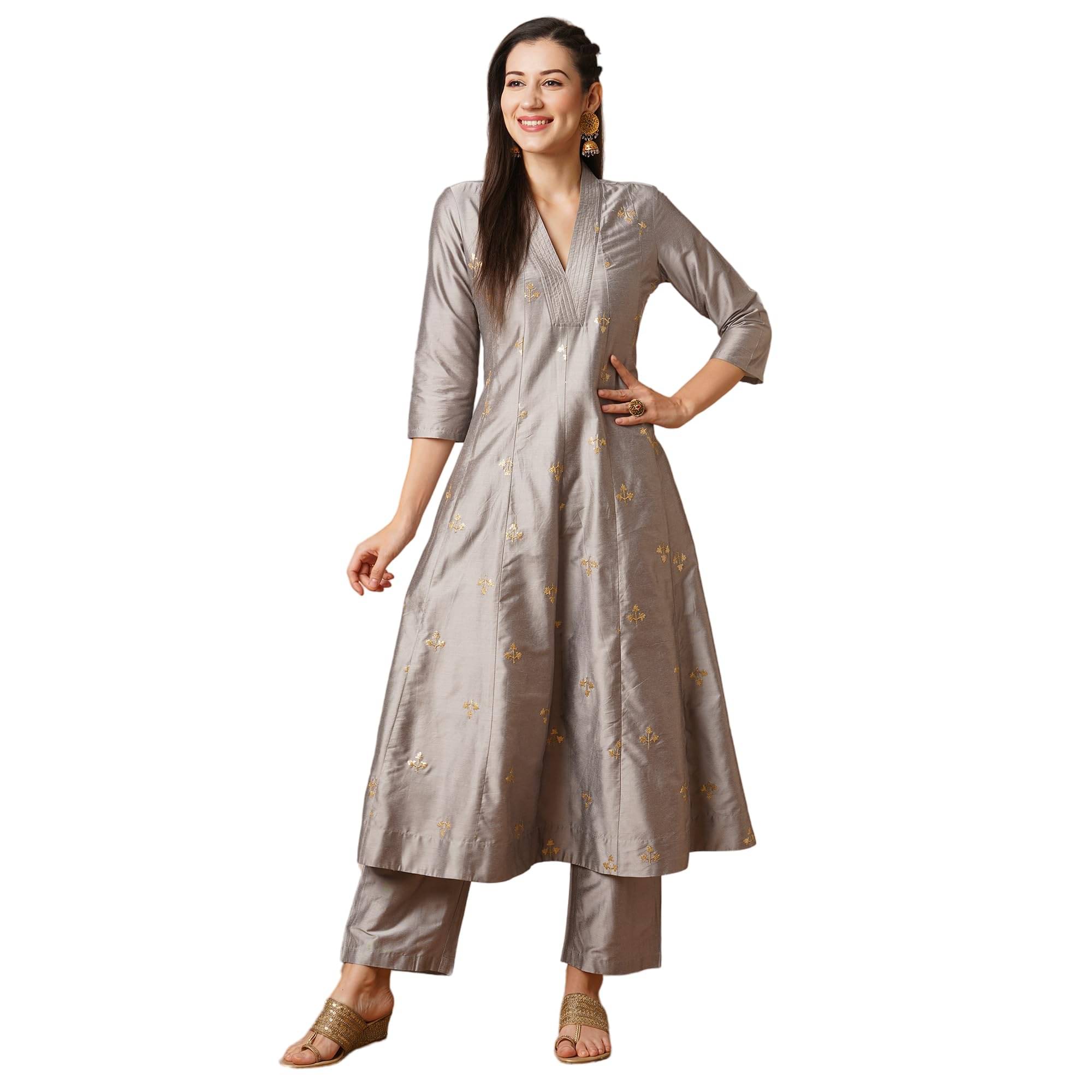 Globus Women Viscose Printed Anarkali Kurti With Pants ( Grey ) Globus Women Viscose Printed Anarkali Kurti With Pants ( Grey )