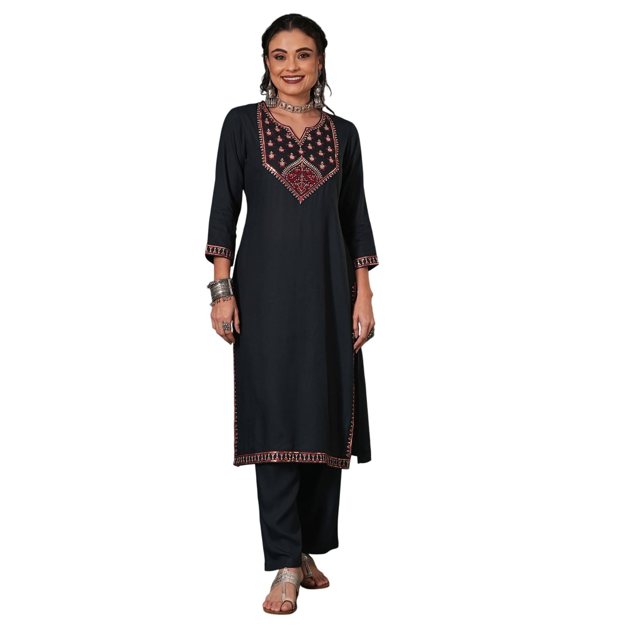 Globus Women Viscose Solid Straight Kurti With Pants ( Teal ) Globus Women Viscose Solid Straight Kurti With Pants ( Teal )