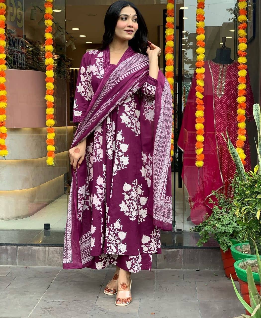 HF WARD Women Cotton Printed A-line Kurti With Pants ( Wine )