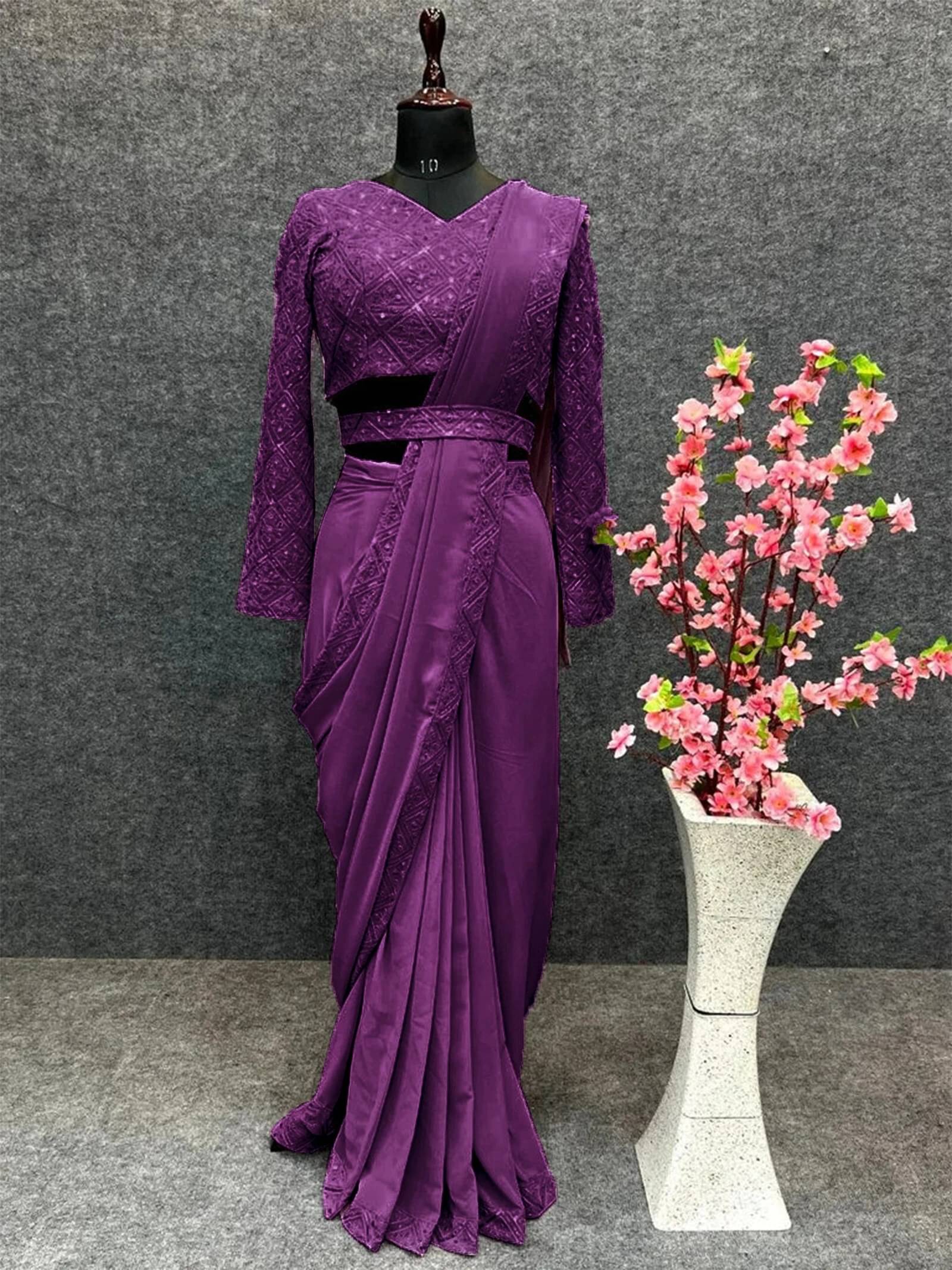 Krisha Enterprise Chiffon Embellished Regular Saree With Unstitched Blouse Piece ( Purple ) Krisha Enterprise Chiffon Embellished Regular Saree With Unstitched Blouse Piece ( Purple )